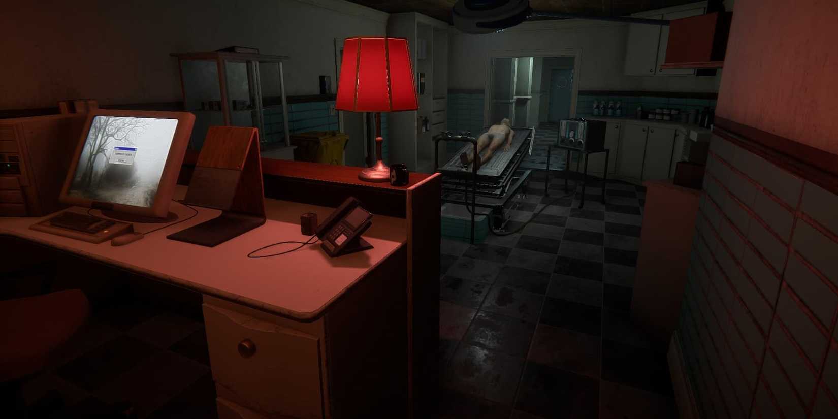 Looking at a Dead Body in Red Lighting in The Mortuary Assistant