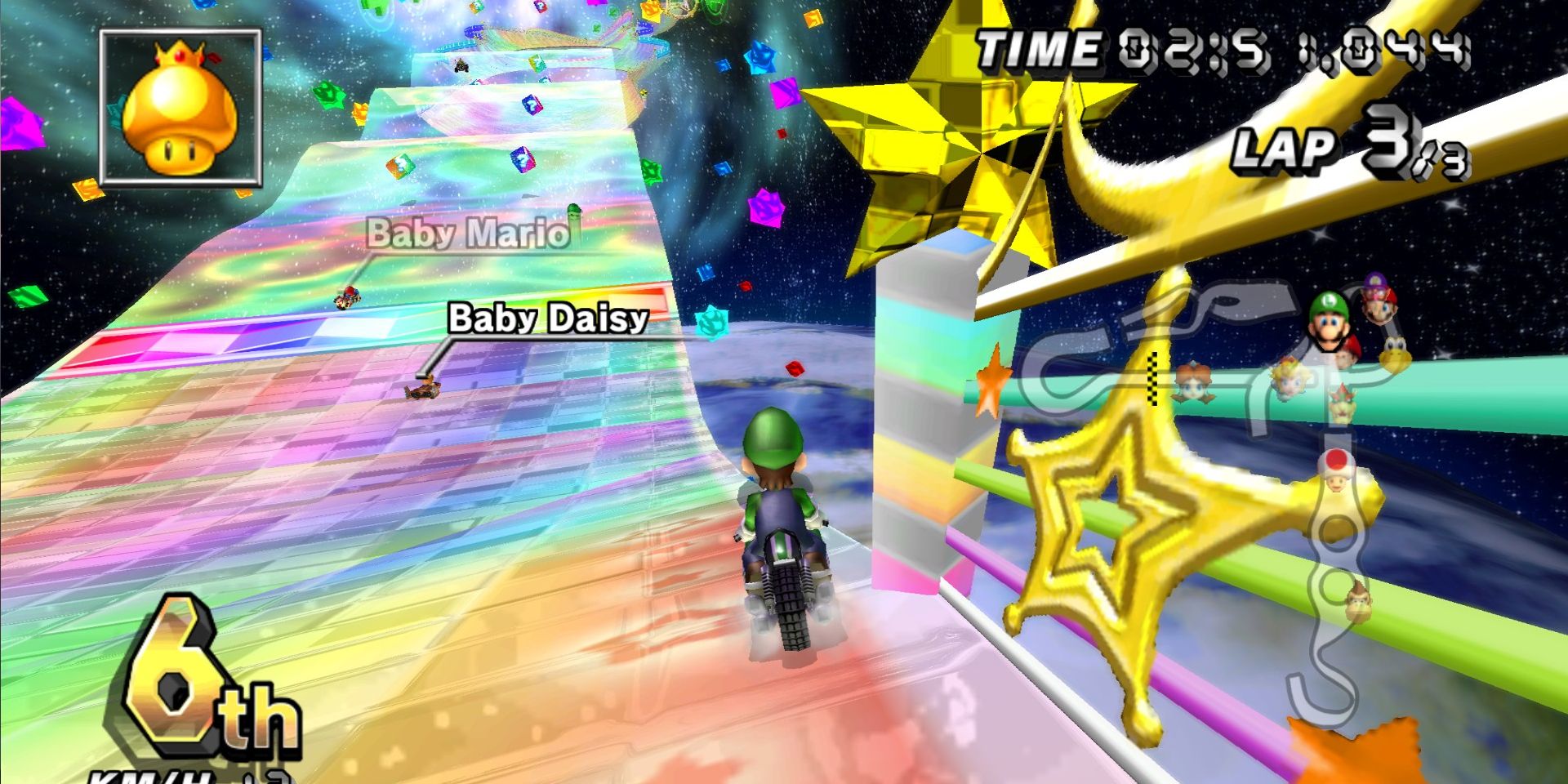 Racing as Luigi on Mario Kart Wii's Rainbow Road