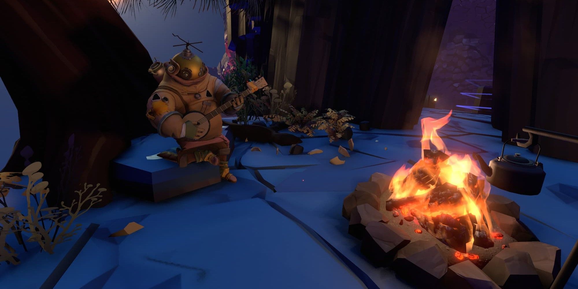 Robot Sitting by a Fire Playing Music in Outer Wilds