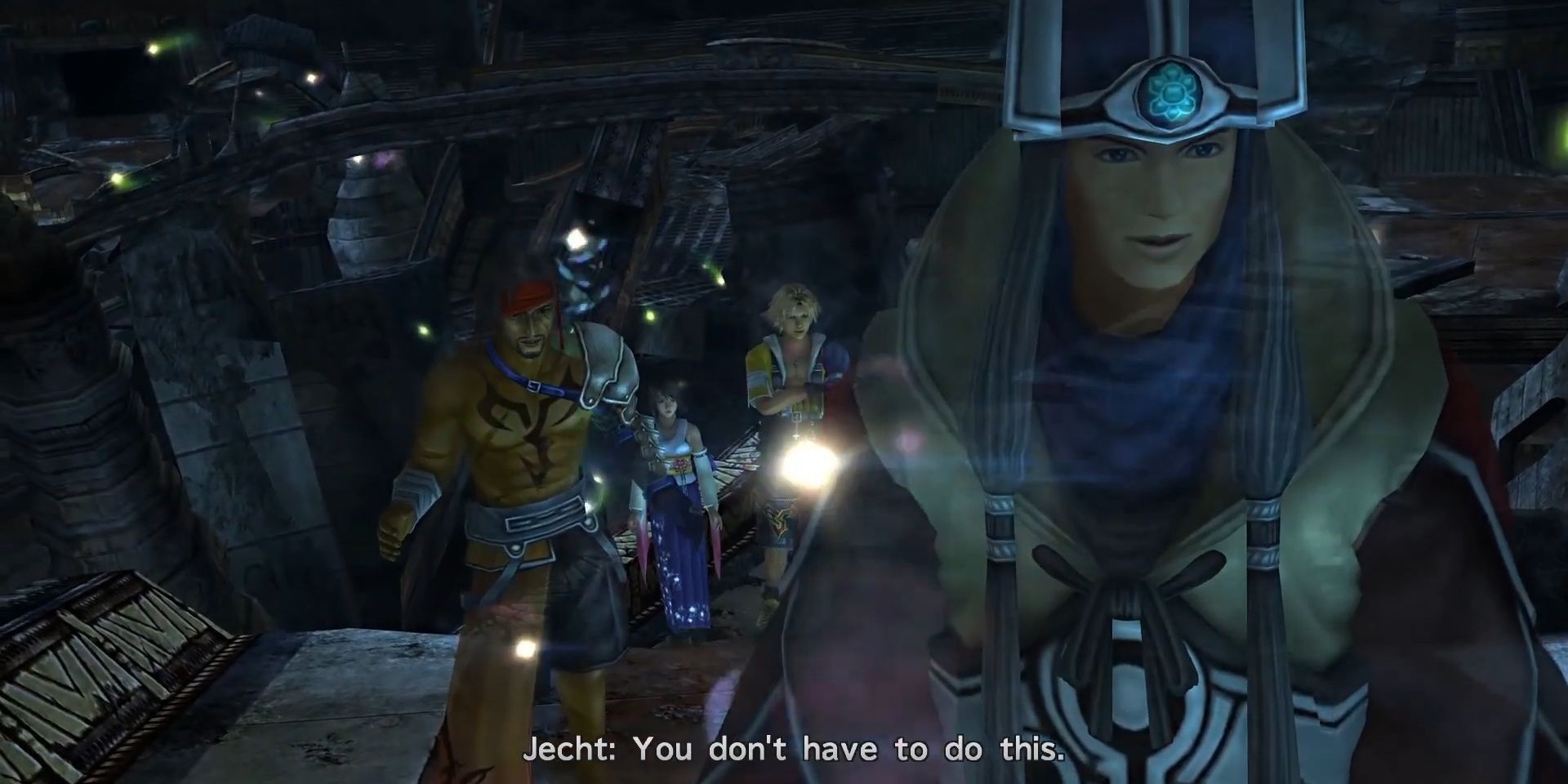 Tidus y Yuna ven un recuerdo de Jecht y Braska en Final Fantasy X