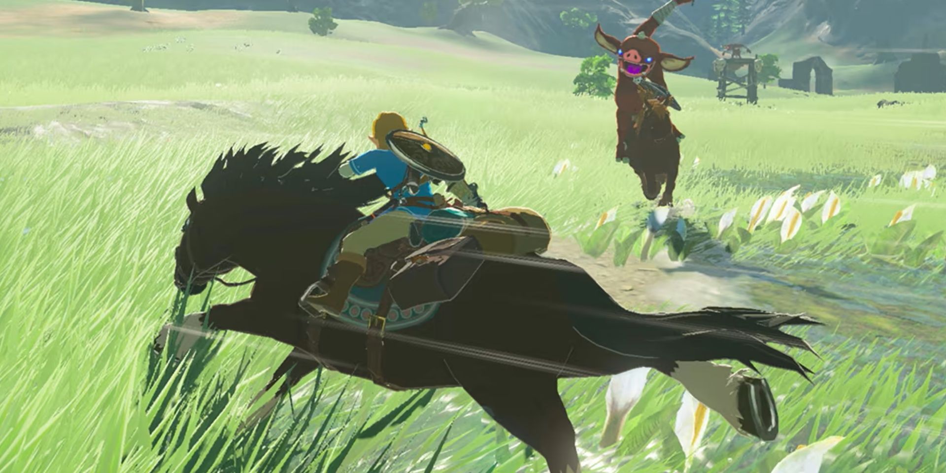 Fighting a Bokoblin on horseback in The Legend of Zelda: Breath of the Wild