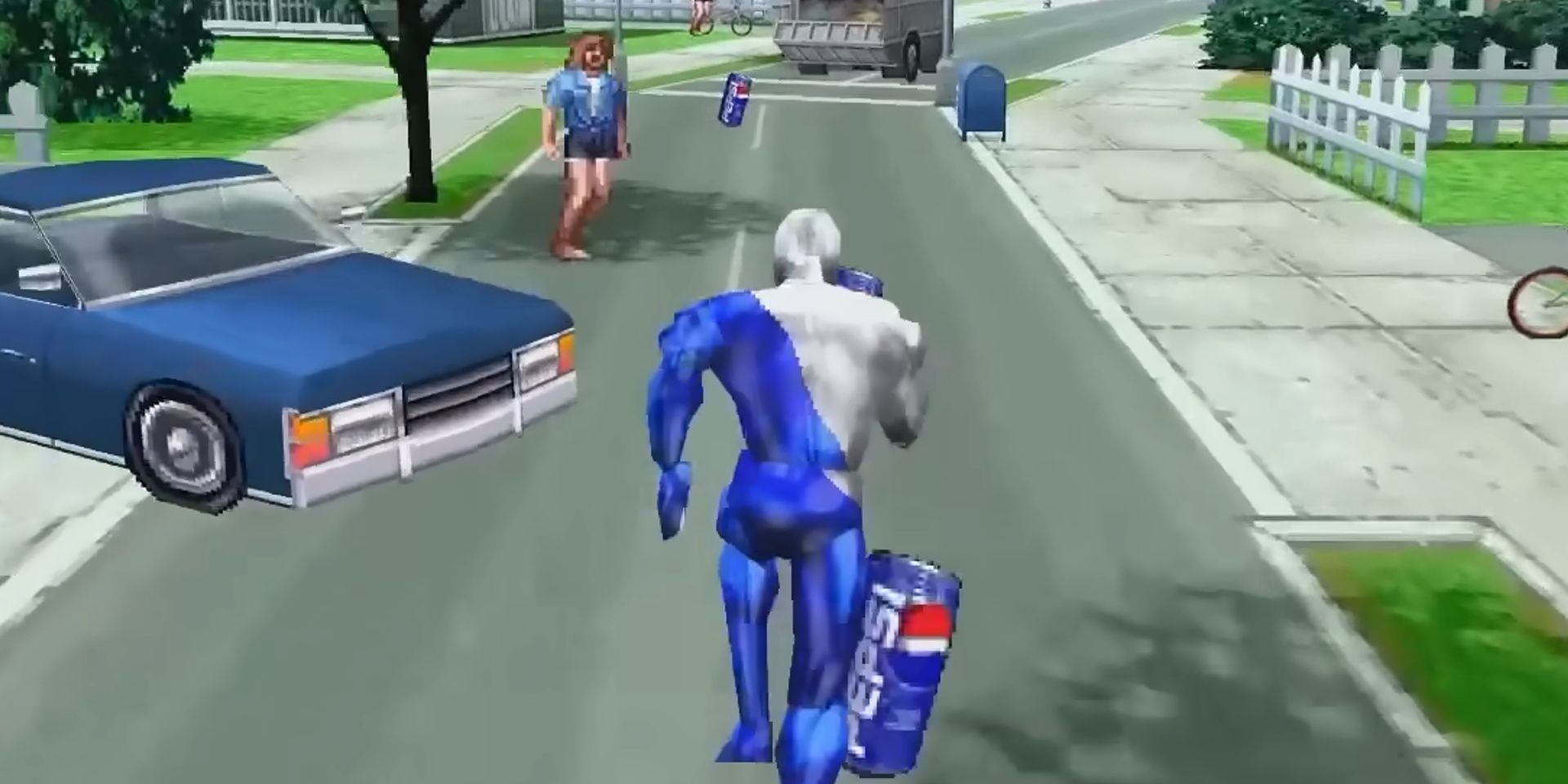 Pepsiman runs down the road in Pepsiman