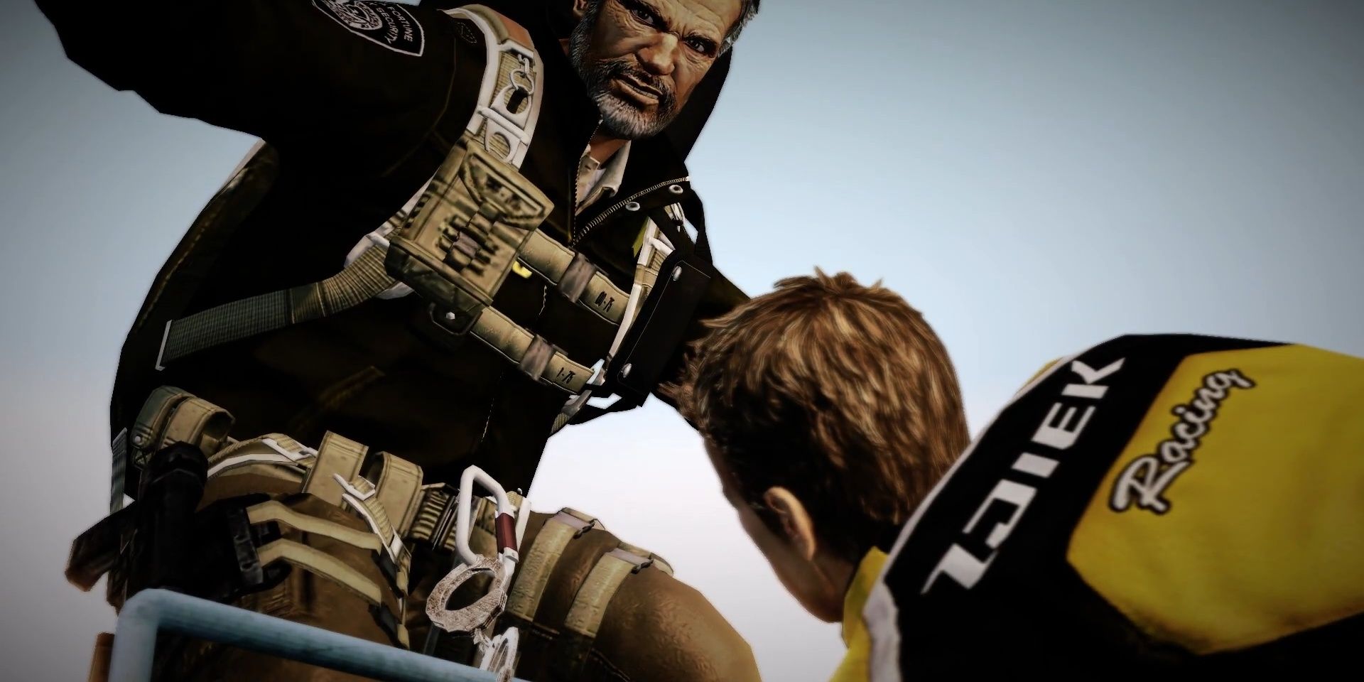 Chuck cuffs Sullivan to a rail in Dead Rising 2
