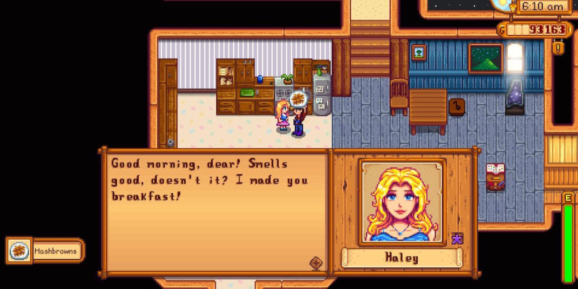 The farmer receives a gift from his spouse, Haley, in Stardew Valley.