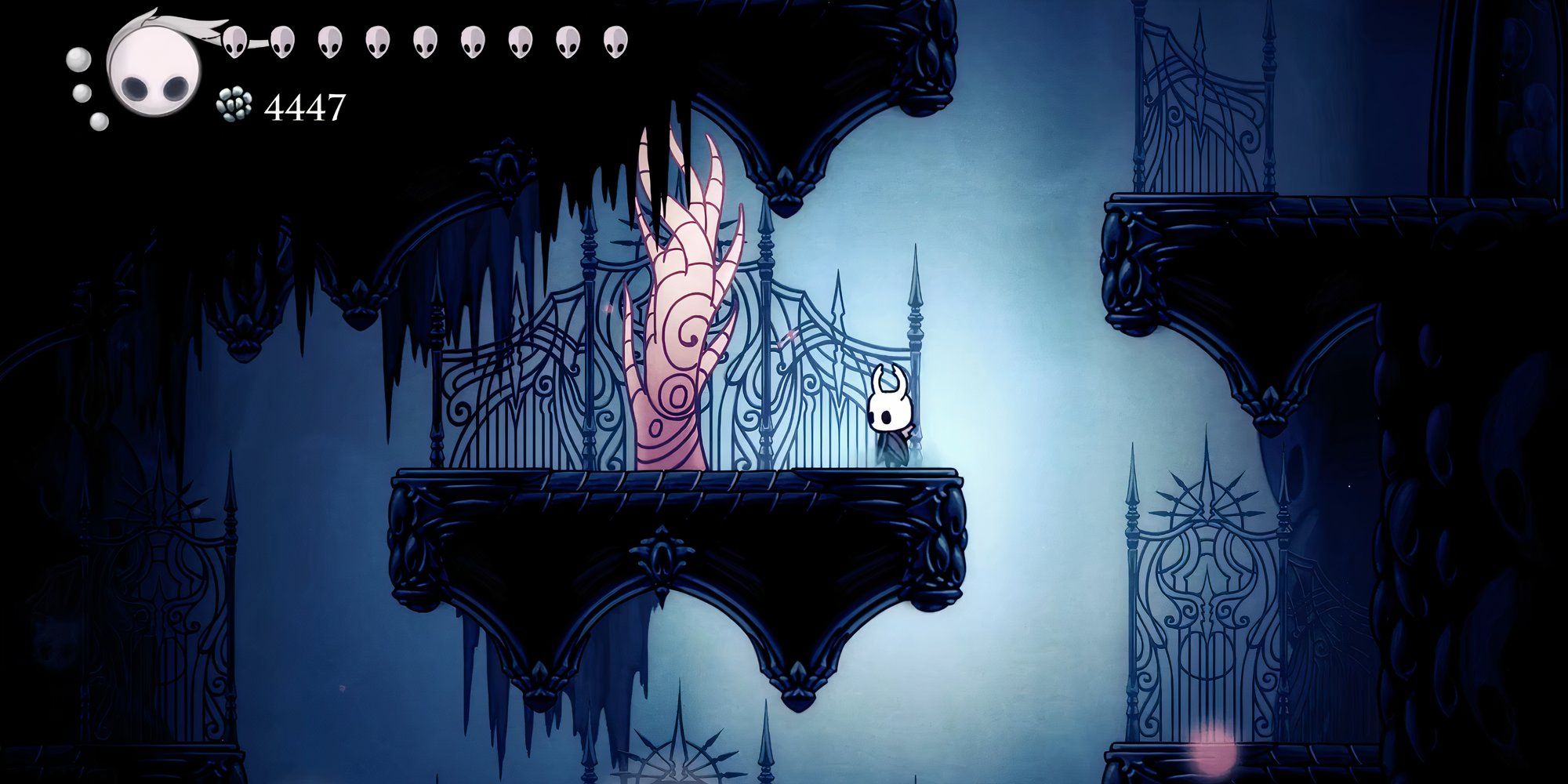 Hollow Knight looking at the Whispering Root near the Seer location