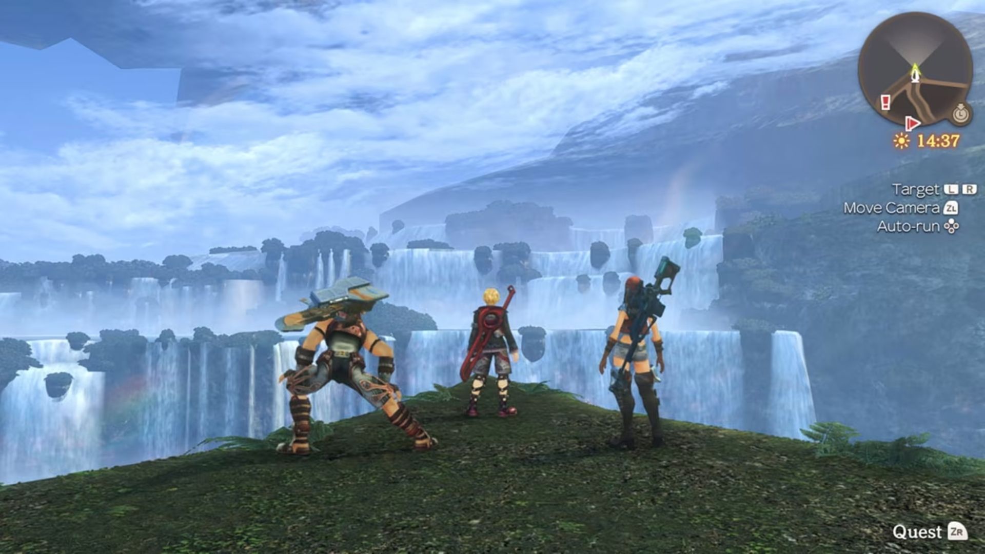 Xenoblade Chronicles: Definitive Edition với phong cảnh hùng vĩ và nhân vật chuẩn bị chiến đấu.
