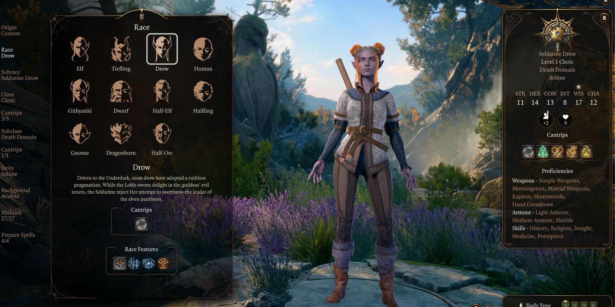 Baldur's Gate 3 Death Domain Cleric Character Creation Drow