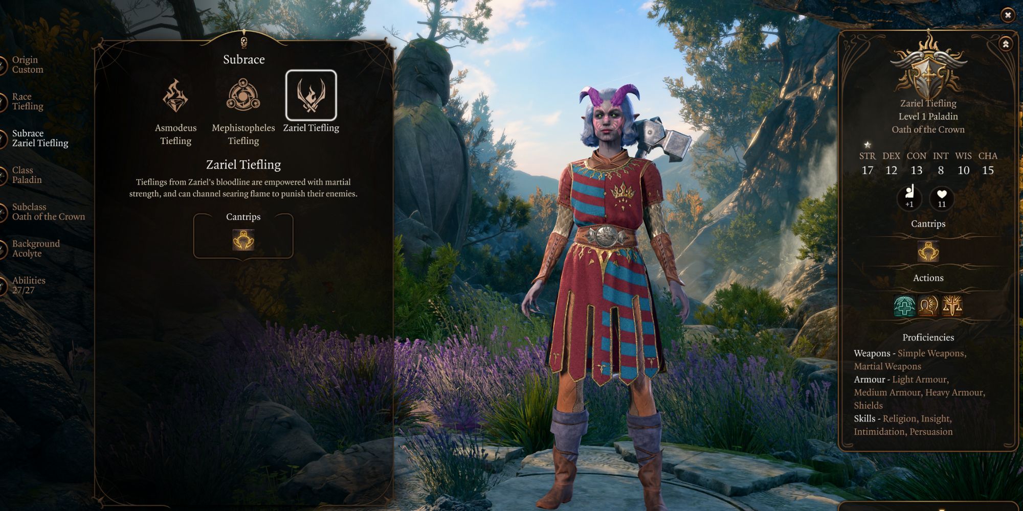 Baldur's Gate 3 Oath of the Crown Paladin Character Creation Zariel Tiefling