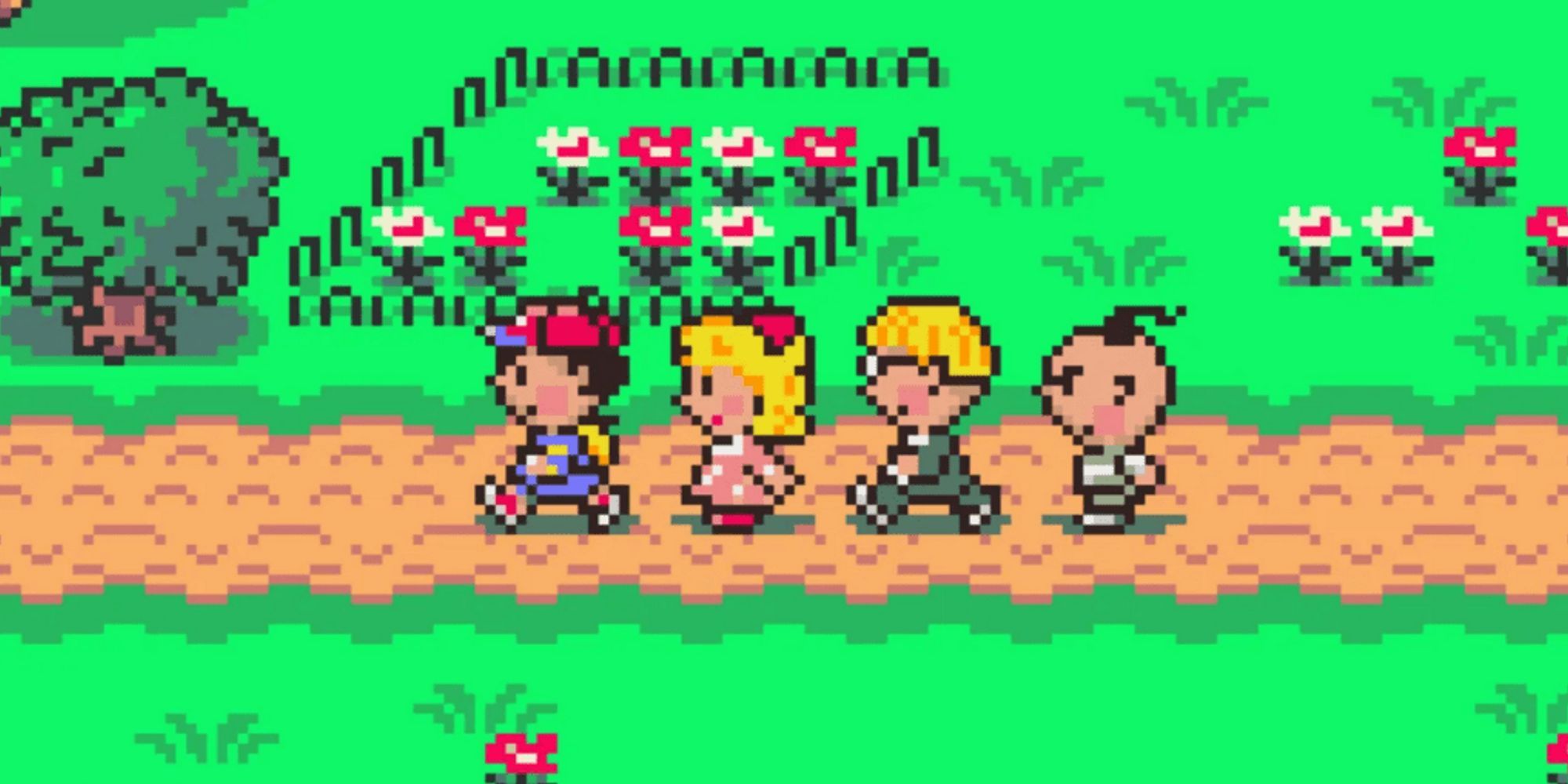 Nhân vật Ness và đồng đội chiến đấu với một quái vật robot trong Earthbound, một game RPG cổ điển.