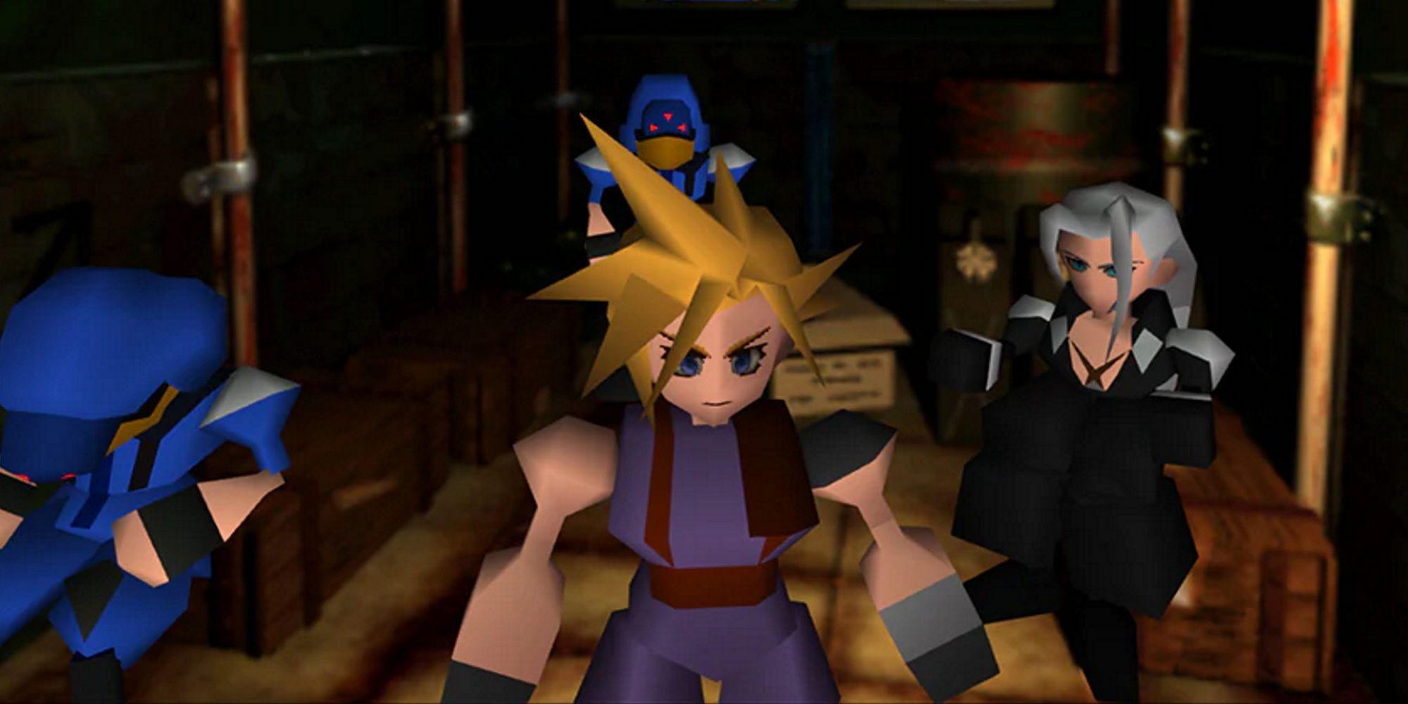 Cloud Strife đứng giữa Sephiroth và Tifa Lockhart, một cảnh mang tính biểu tượng trong Final Fantasy VII.