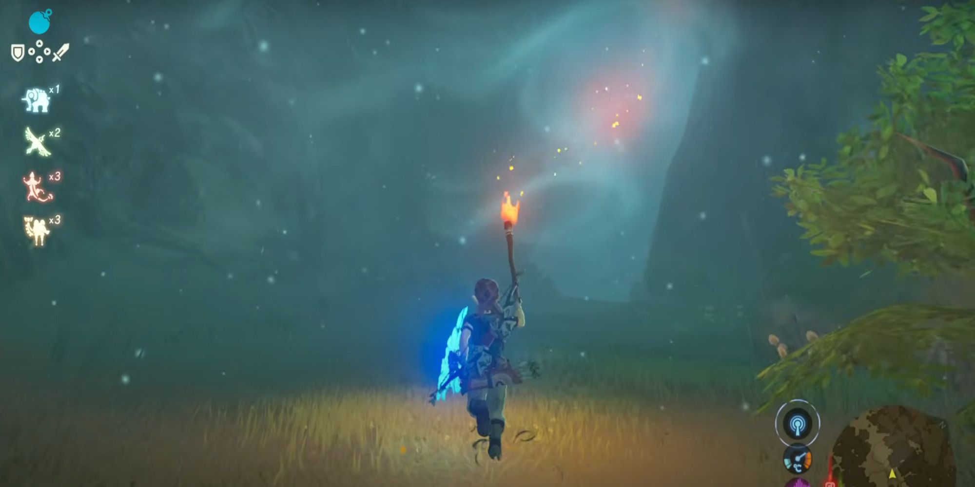 Running with a torch through a blue-lit cave in The Legend of Zelda: Breath of the Wild.