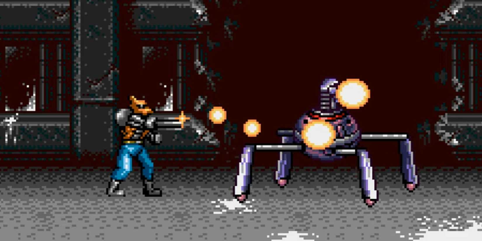 Brad shoots a robot in Contra: Hard Corps