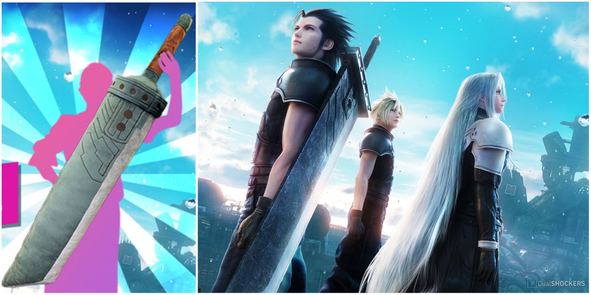 Banner image showing the life-sized plush Buster Sword Square-Enix is giving away as a contest prize, next to an image of Zack, Cloud, and Sephiroth from Crisis Core Final Fantasy VII Reunion