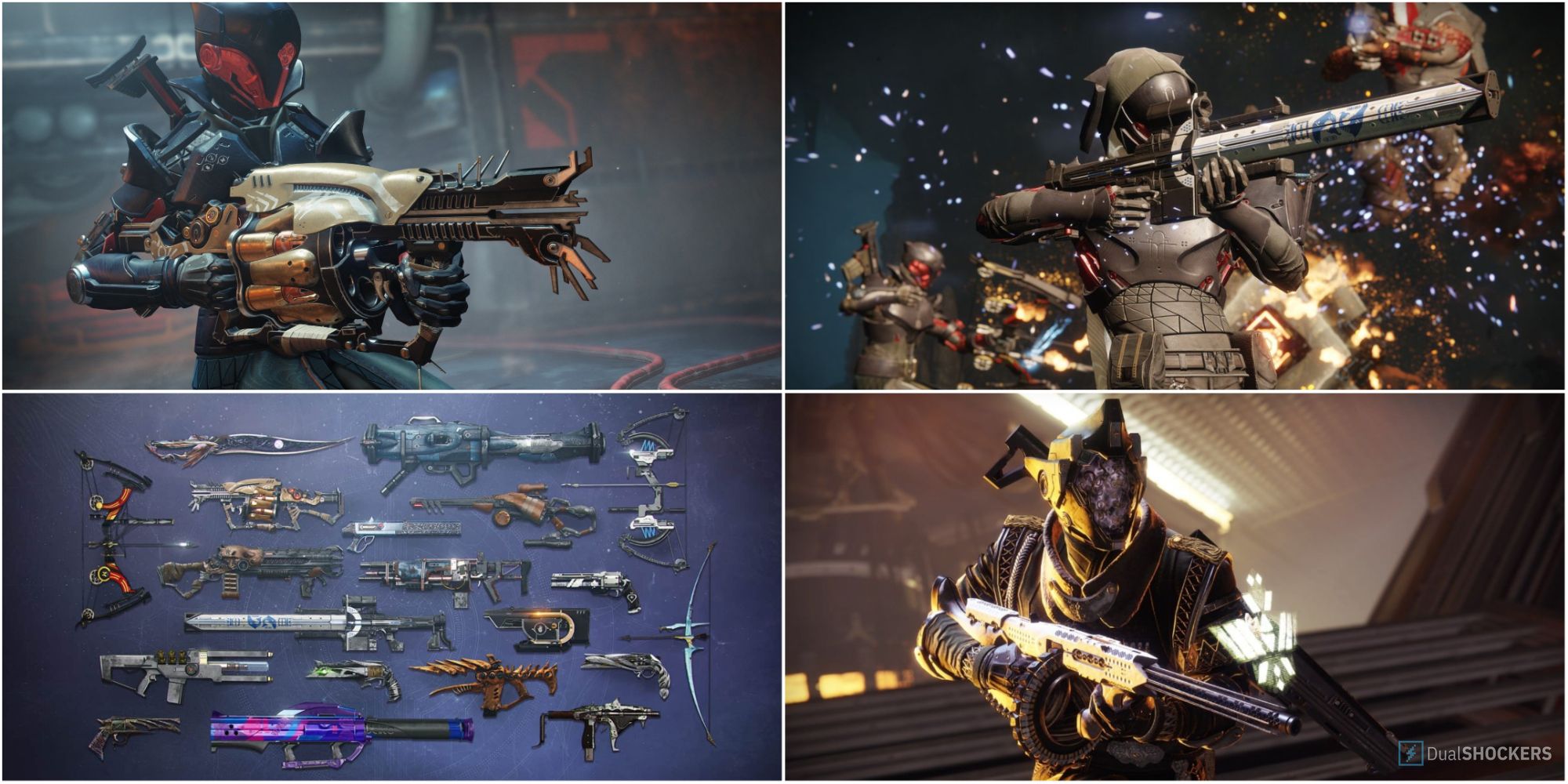 Action Images of the Exotic Weapons From Destiny 2 in a Collage