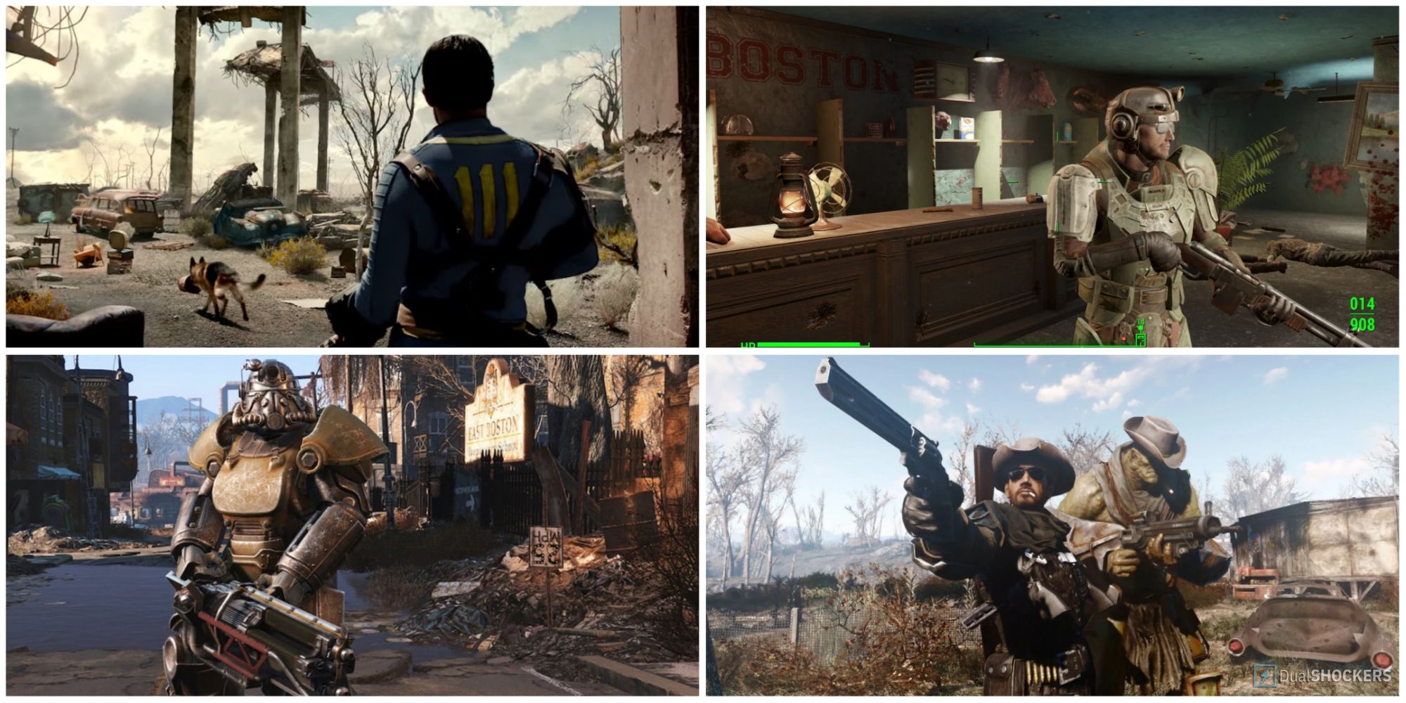 A collage of scenes from Fallout 4 feature a peek at some of the listed builds.