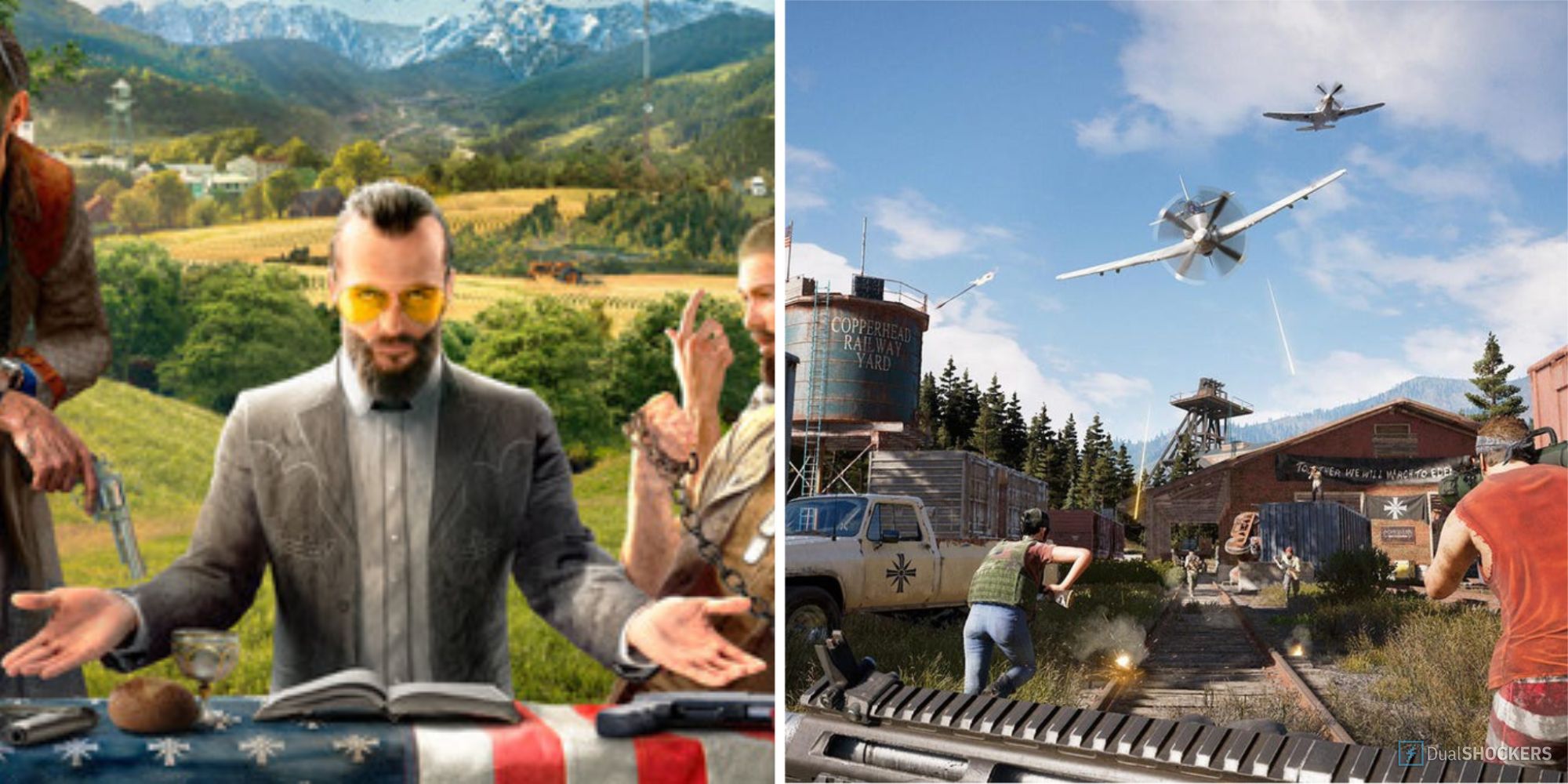 split image of joseph seed and a scene from far cry 5