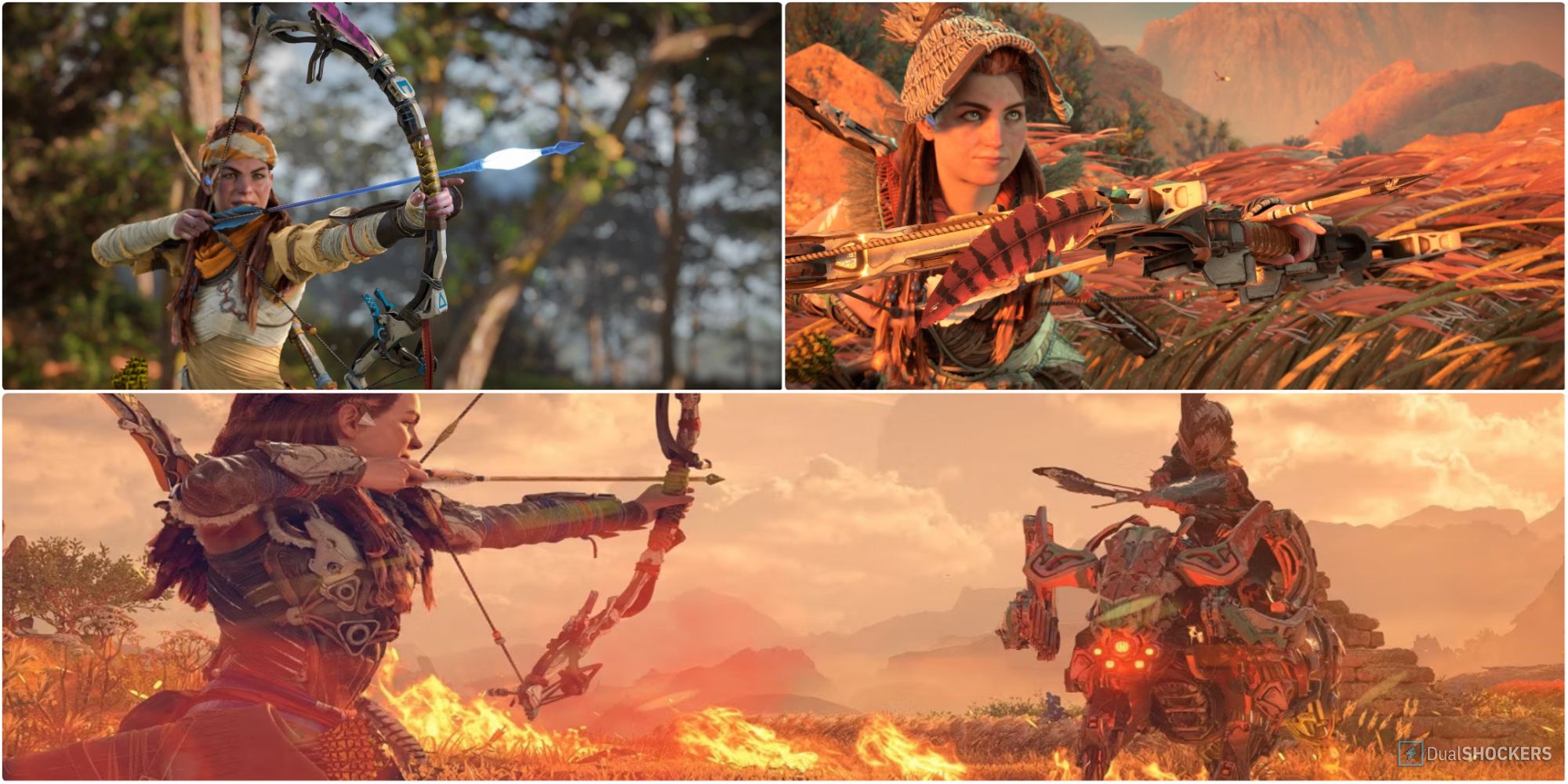 A Collage of Aloy Using Bows In Horizon Forbidden West