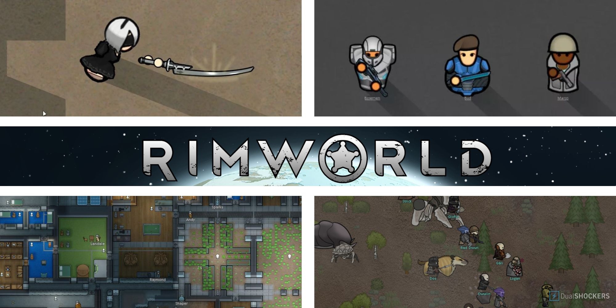 2 images of RimWorld pawns with weapons, one of a base, one of a caravan, with the RimWorld logo in the center