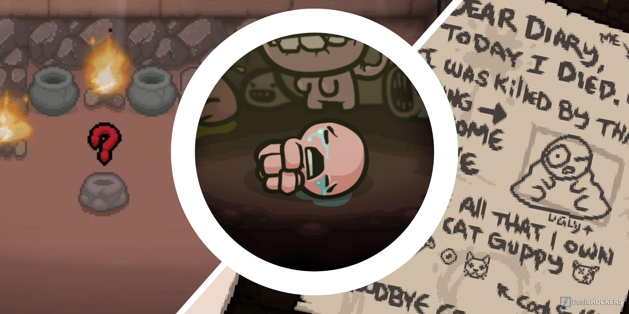 Left to right: A blind item on a pedestal, Isaac crying on the ground, TBOI game over screen