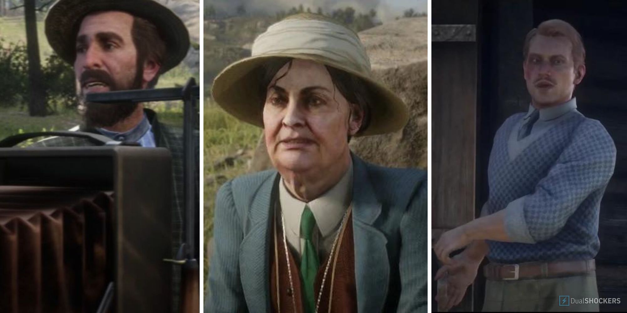 split image of three strangers from red dead redemption 2