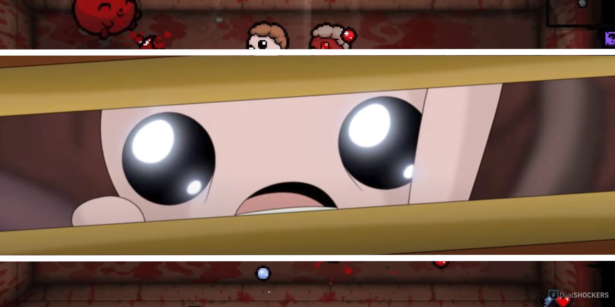 An image of Isaac looking into a chest imposed over gameplay with Jacob and Essau