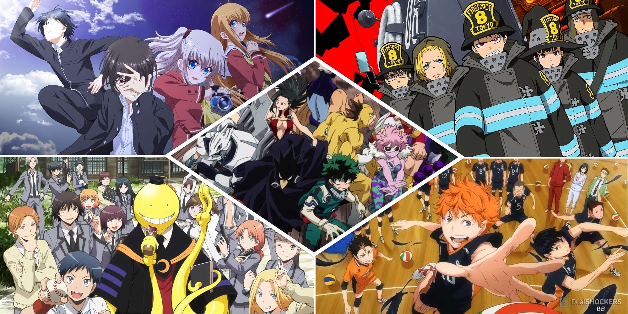 A Collage With The Casts Of My Hero Academia; Fire Force, Haikyuu!!, Assassination Classroom, And Charlotte