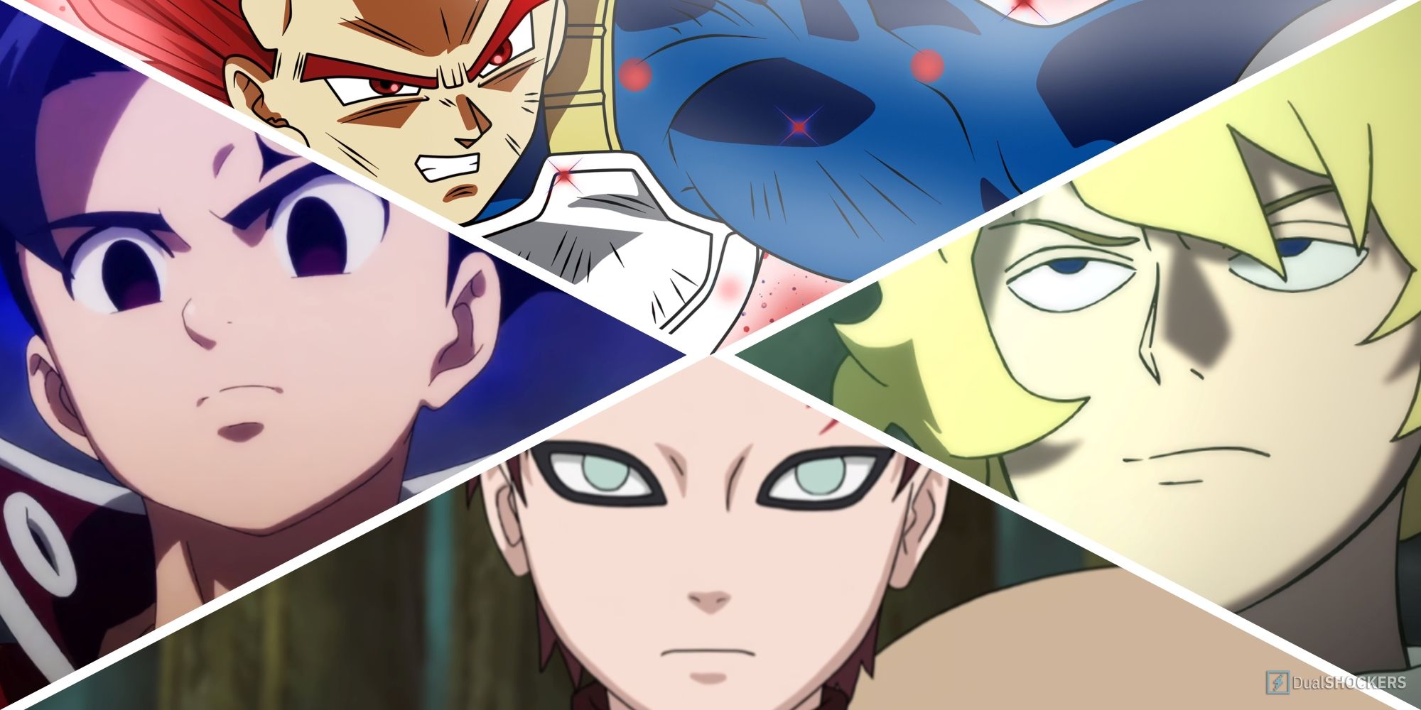 A collage depicting Vegeta, Zeldris, Gaara, and Teruki