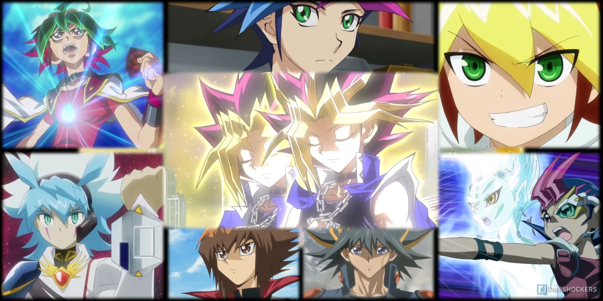 Collage depicting Yugi, Atem, Jaden, Yusei, Yuma, Astral, Yuya, Yusaku, Yuga and Yudias