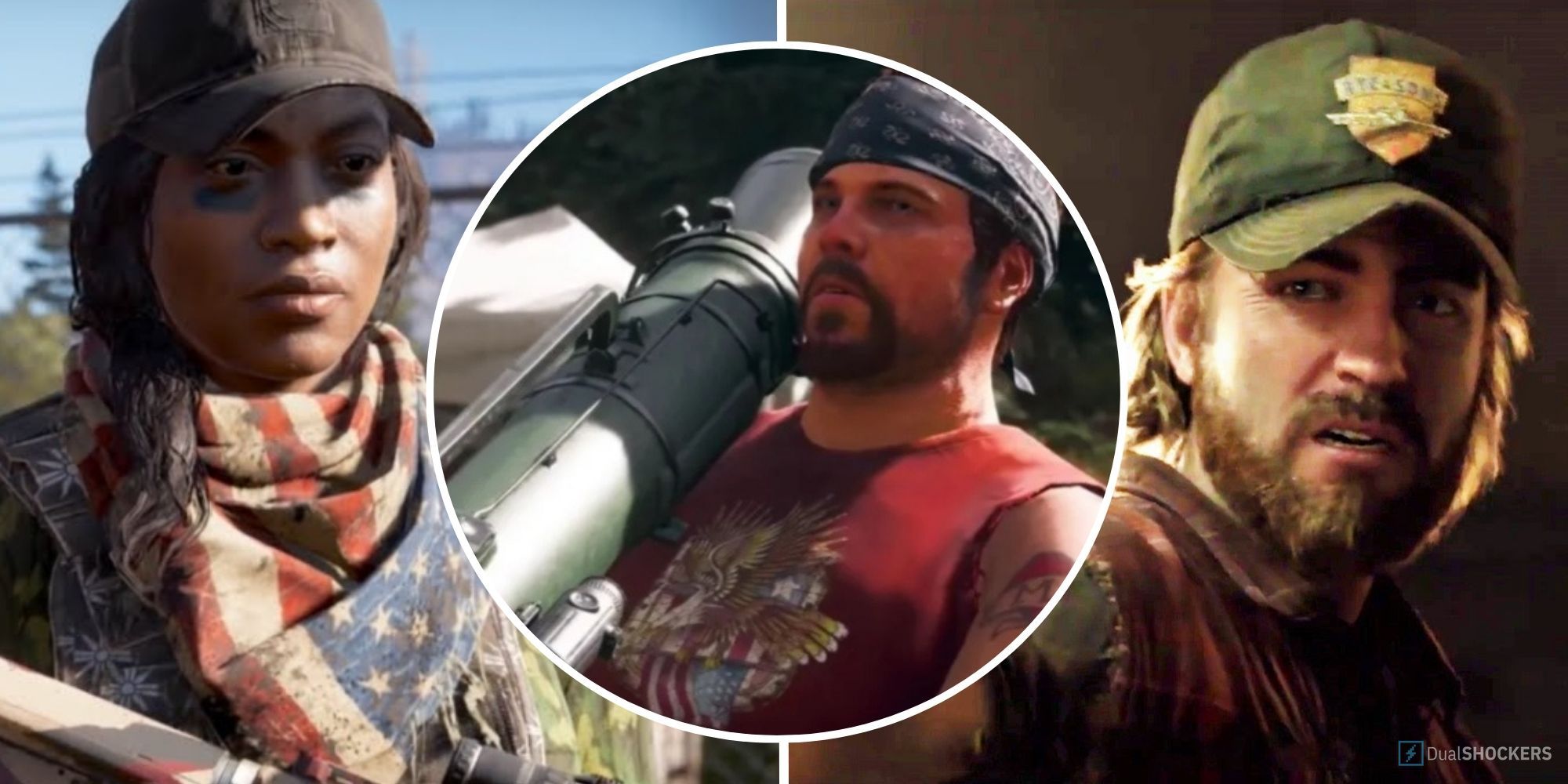 Far Cry 5 split image character looking somber, character wielding rocket launcher and character grimacing