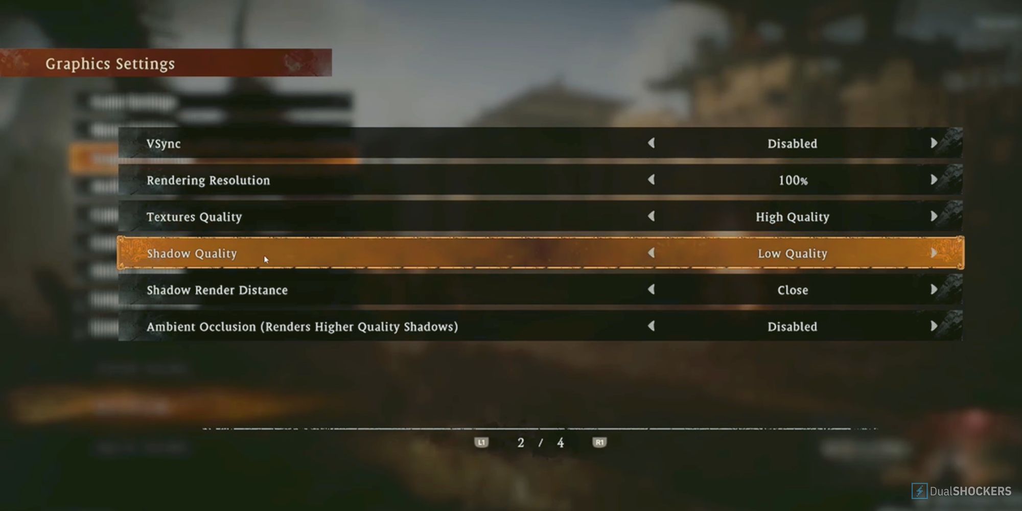 Wo Long: Fallen Dynasty Graphics Settings Menu Shadow Quality Options Highlighted