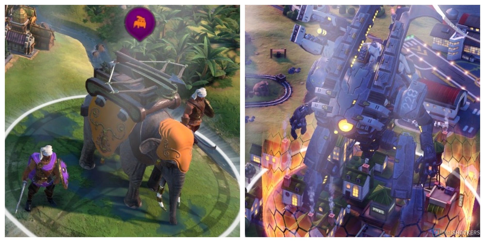 Civilization 6 split image Khmer Domrey standing in a marsh, and a Giant Death Robot menaces a city near Kyoto