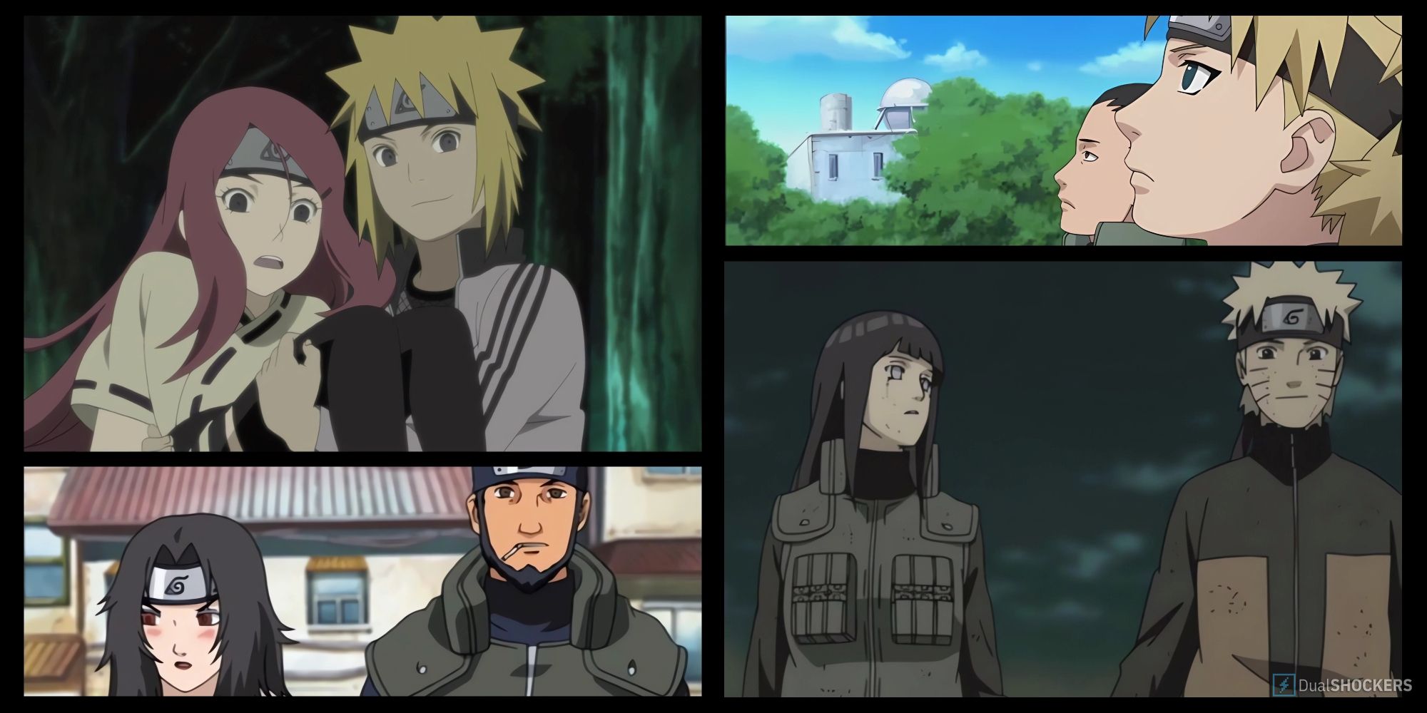 Collage of Kushina with Minato, Asuma with Kurenai, Temari with Shikamaru, and Hinata with Naruto