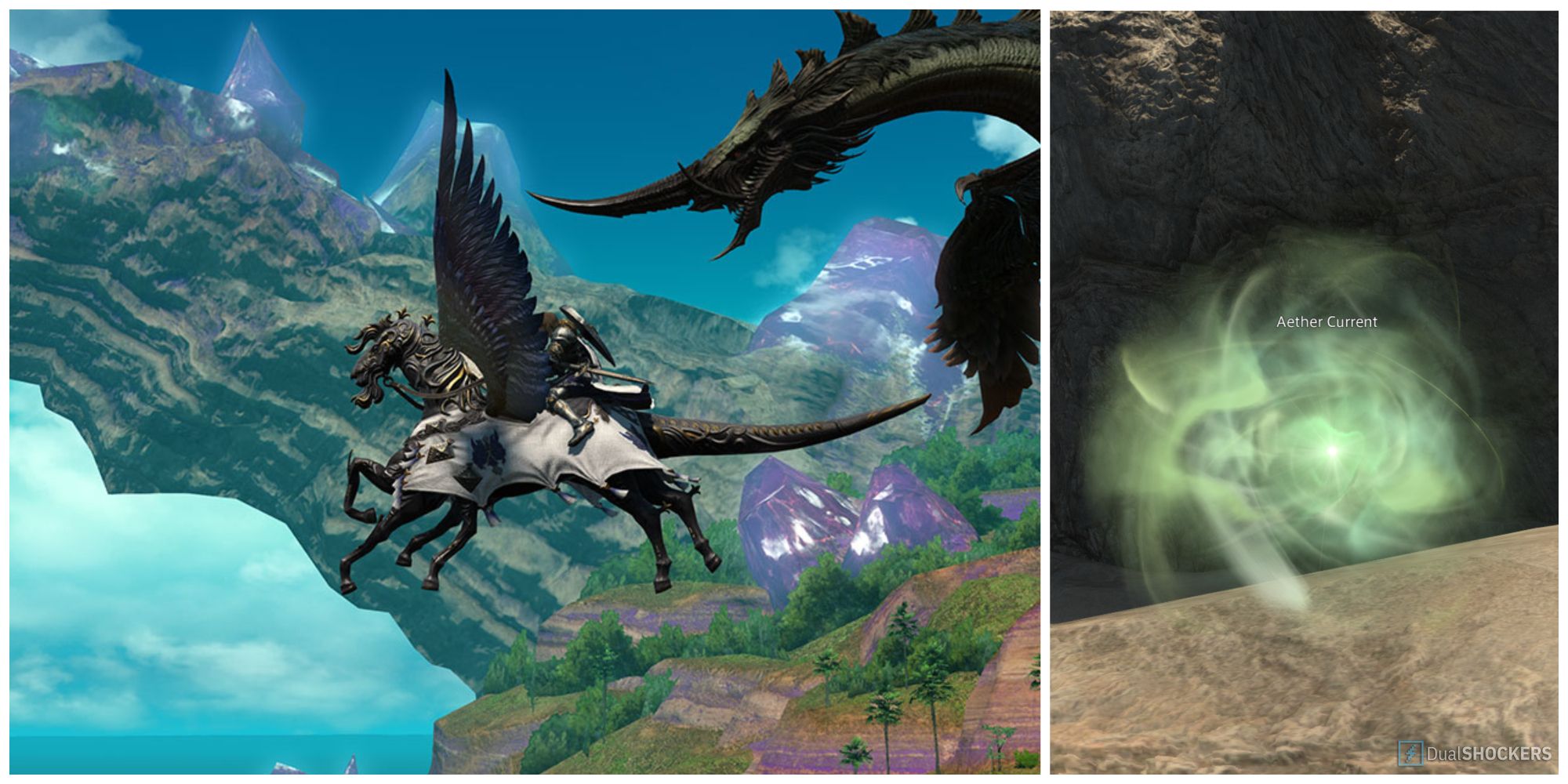 A screenshot of a character riding a flying mount and an aether current from Final Fantasy 14.