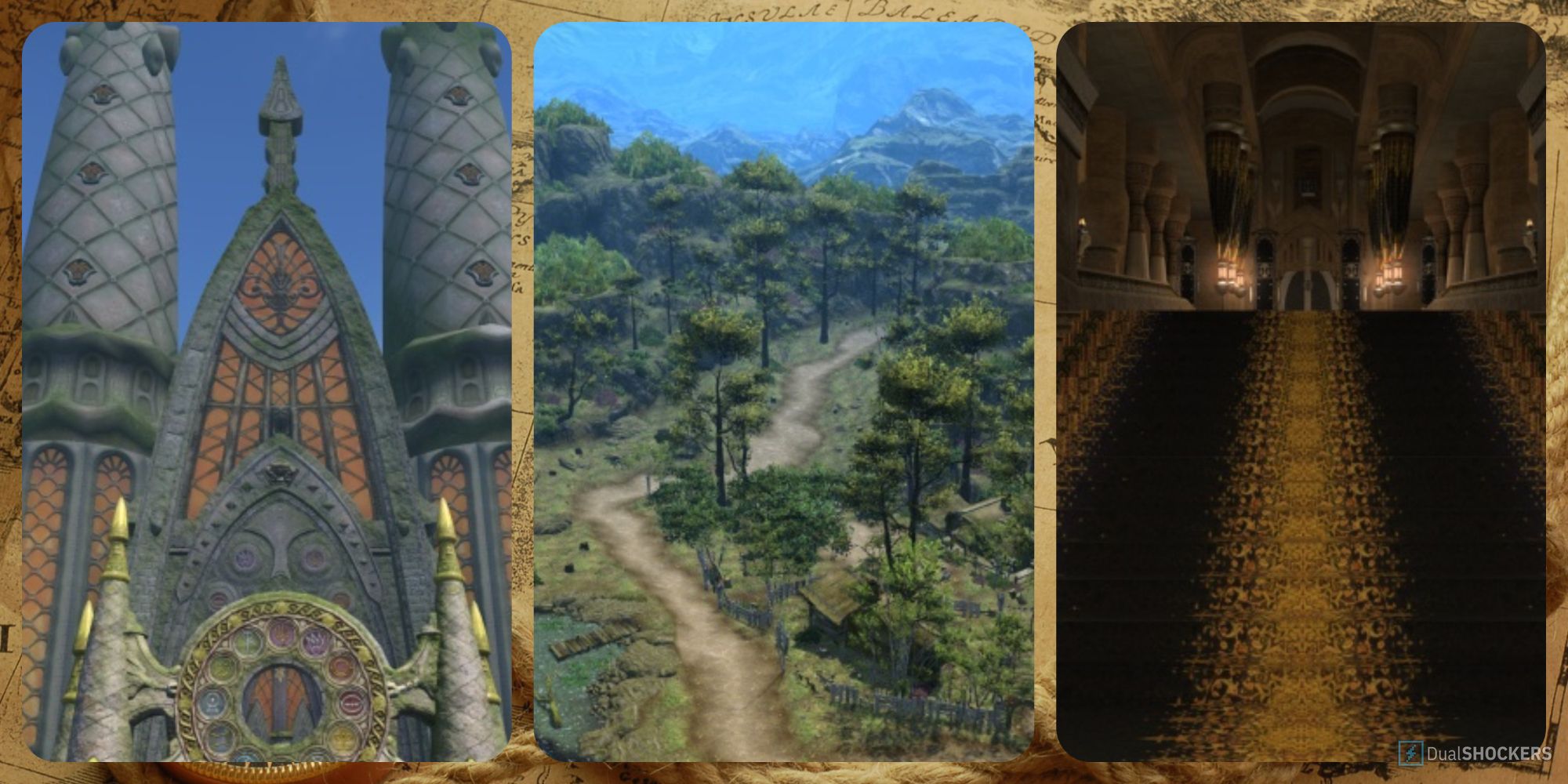 A collage of three vistas in Final Fantasy 14