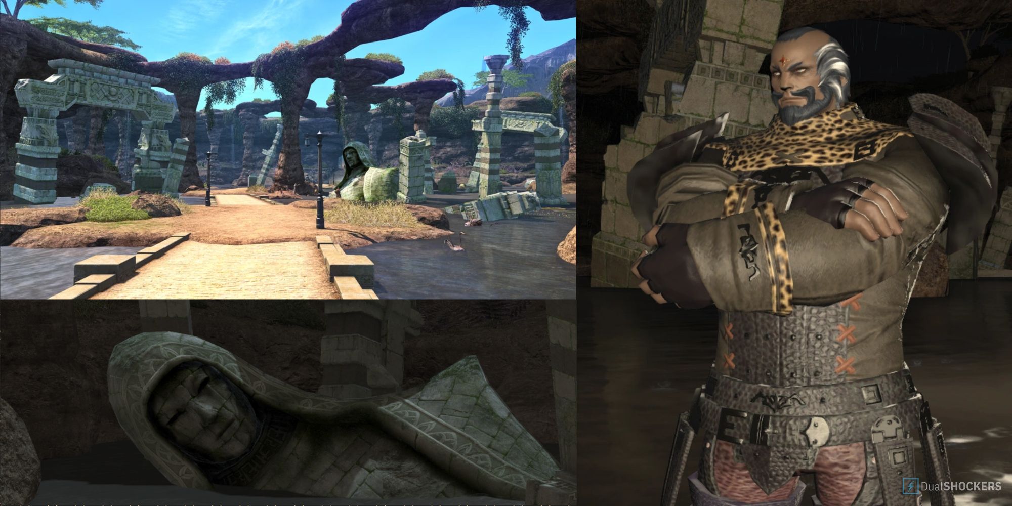 Final Fantasy 14's NPC Valiant Hart in a collage with screenshots of Western Thanalan and a fallen statue