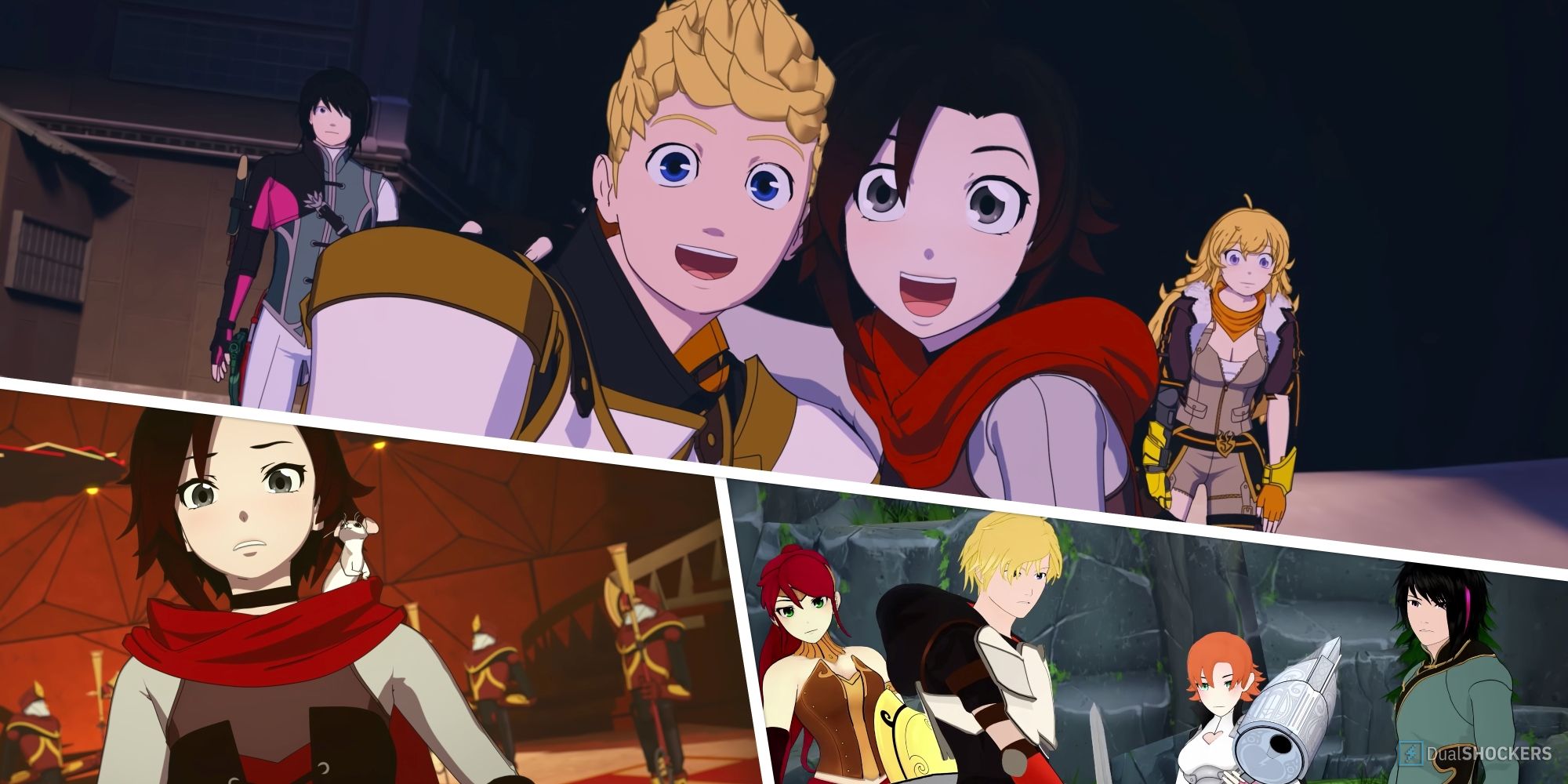 Collage of RWBY volumes 7, 3, and 9