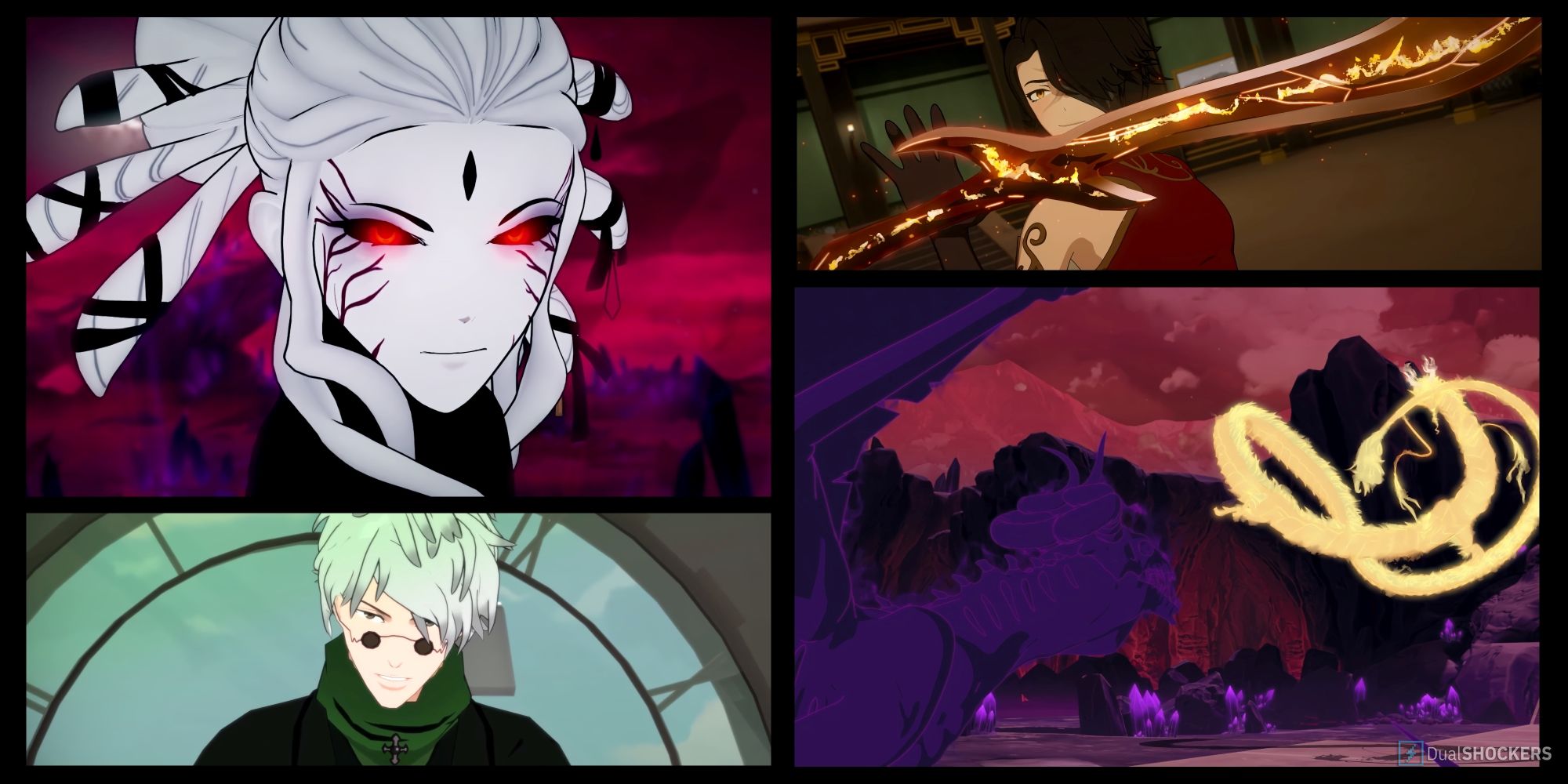A collage of Salem, Ozpin, Cinder, and the Two Brothers