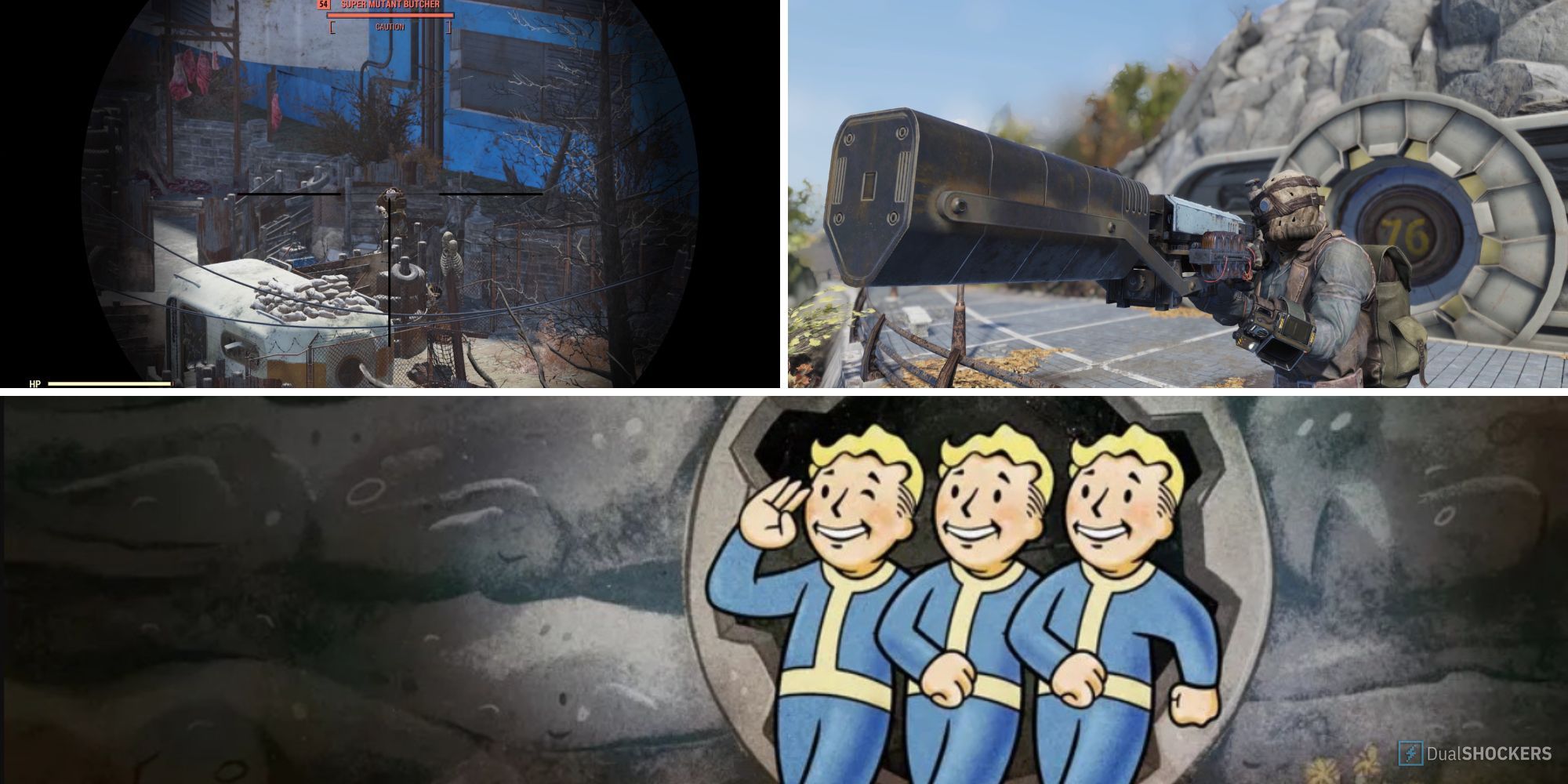 Fallout 76 split image player holding gauss rifle and sniper scope zoomed into mutant and three vault boys outside vault