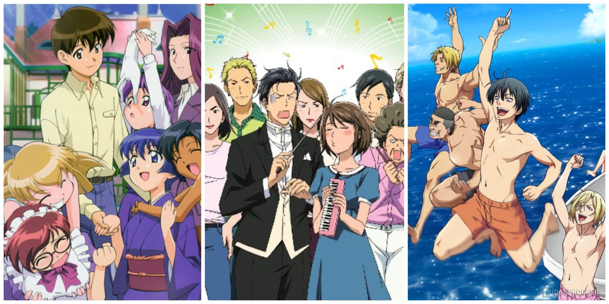 Split image group character screenshots of characters from Ai Yori Aoshi, Nodame Cantabile, and Grand Blue Anime Series