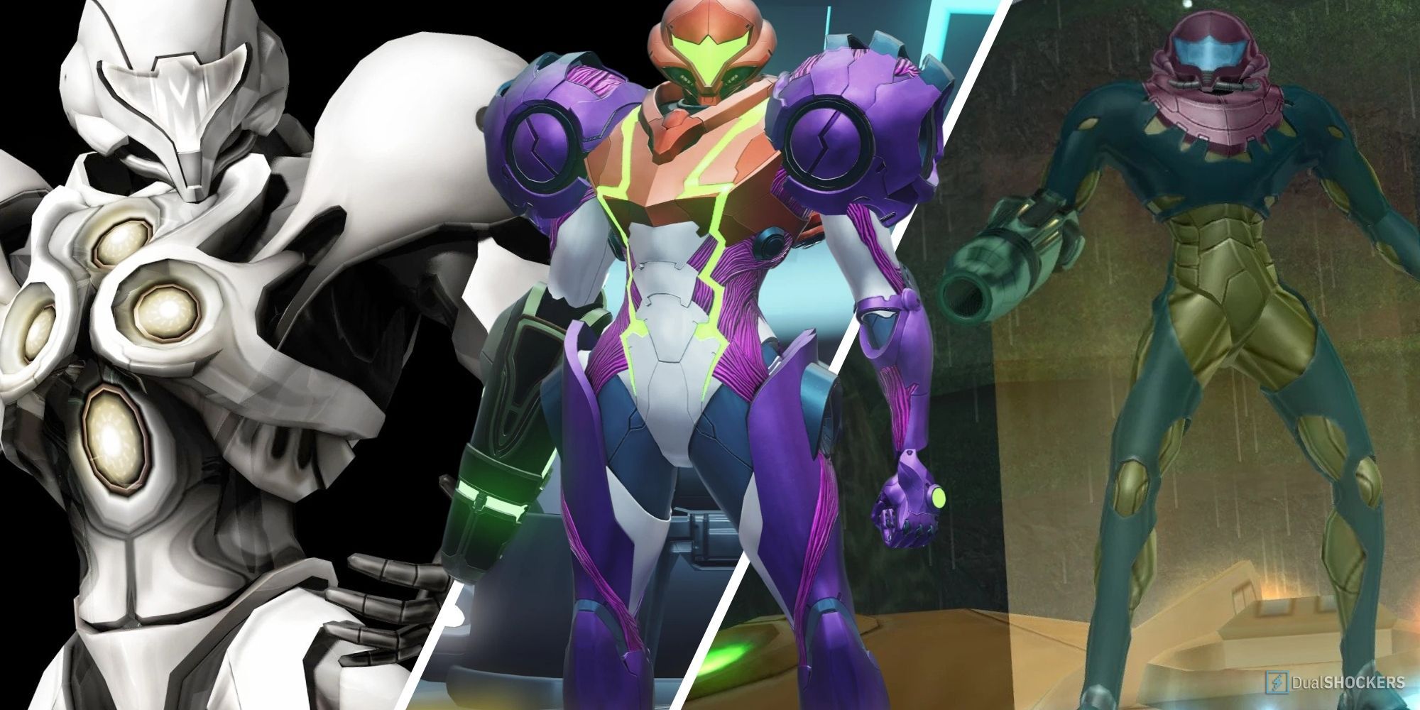 Left to right: Samus in the Light Suit, Samus in the Gravity Suit, Samus in the Fusion Suit