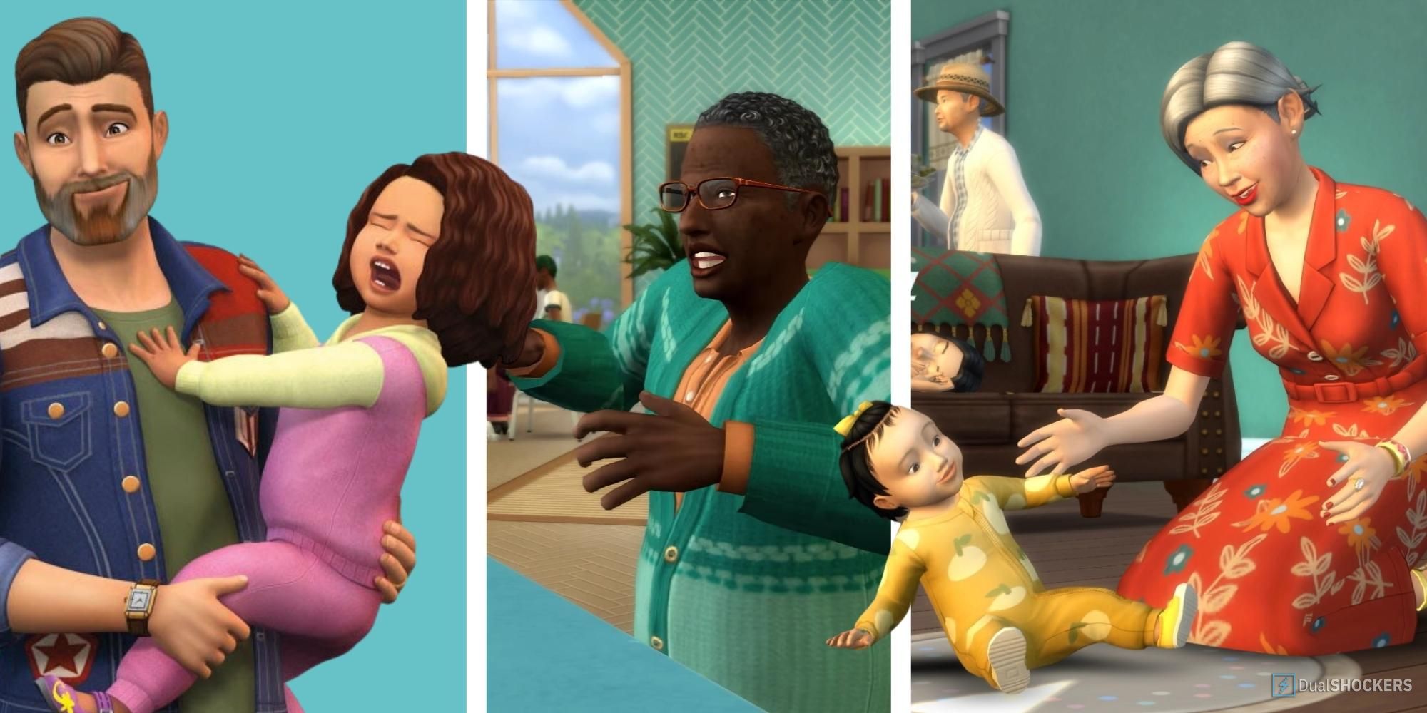 Left to right: A father holding his screaming toddler, an angry elder, an elder playing with an infant