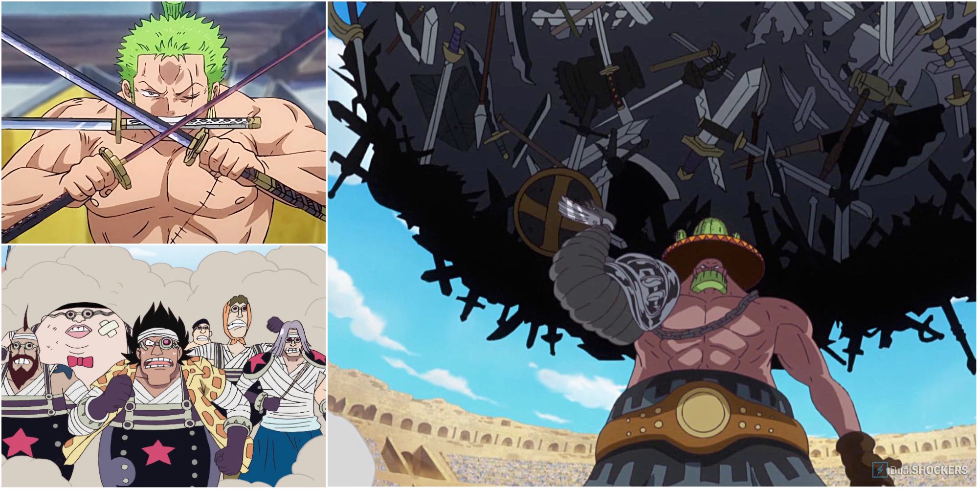 One Piece split image Zoro holding blades, Franky Family standing together, and Jean holding large ball of scrap