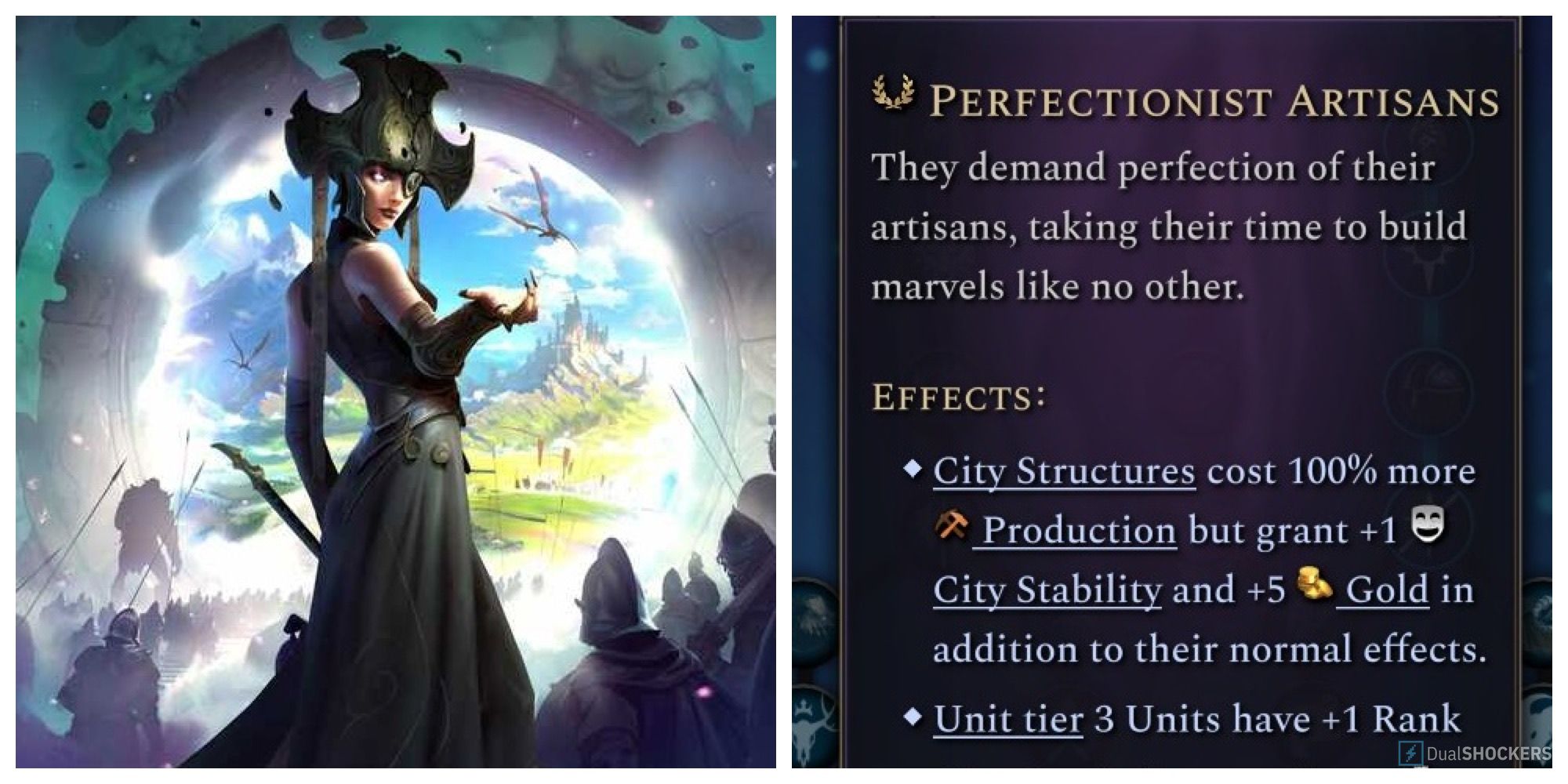 Classic Wizard King portrait for Age of Wonders 4 next to snippet of Perfectionist Artisans