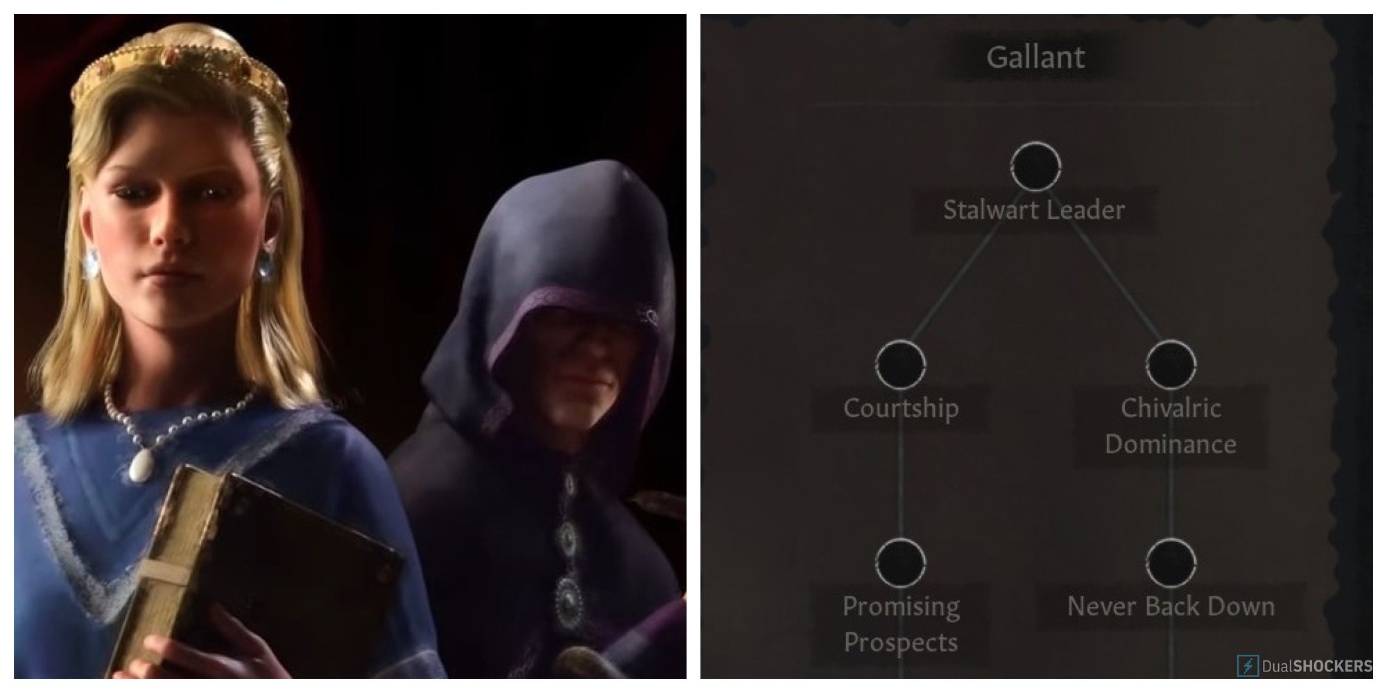 Crusader Kings 3 split image a scholar stands next to a schemer, and a look at the Gallant path in-game menu