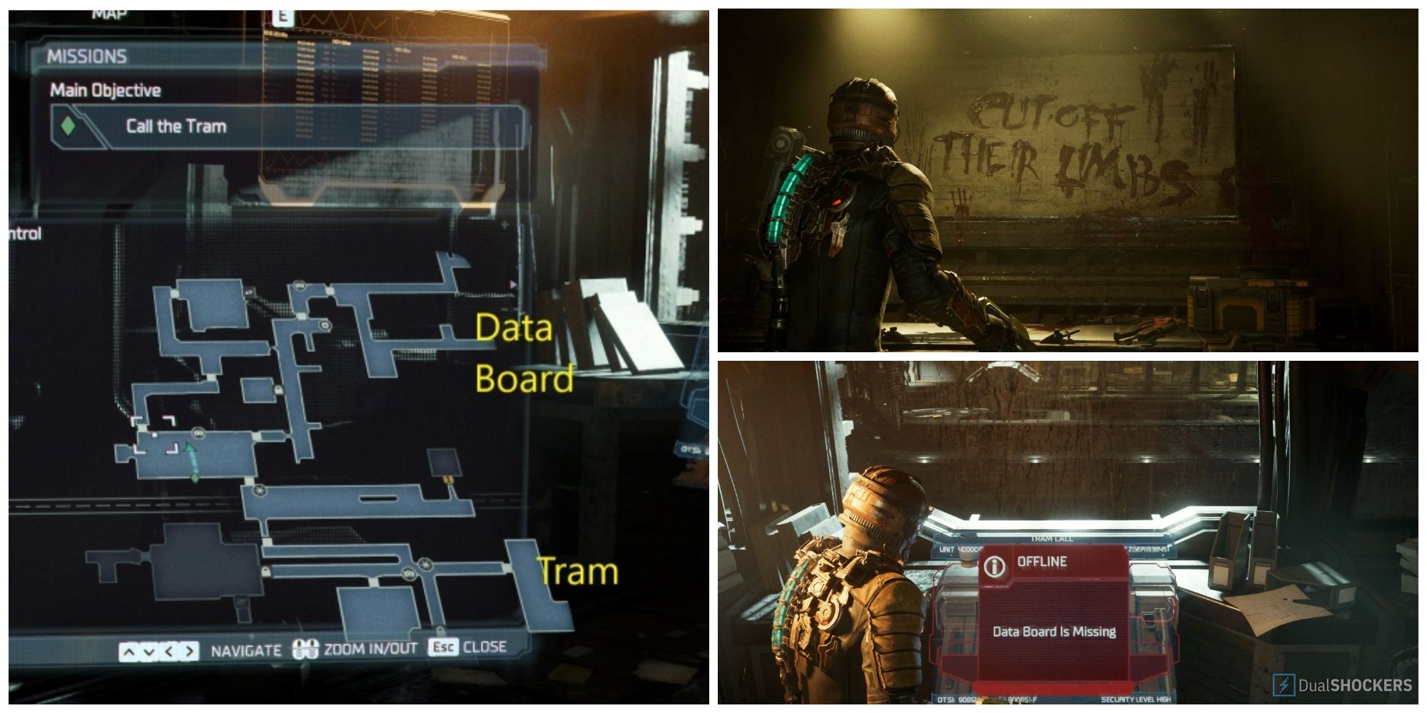 Split image Dead Space screenshot map screen, ominous message on wall and machinery requiring Data Board