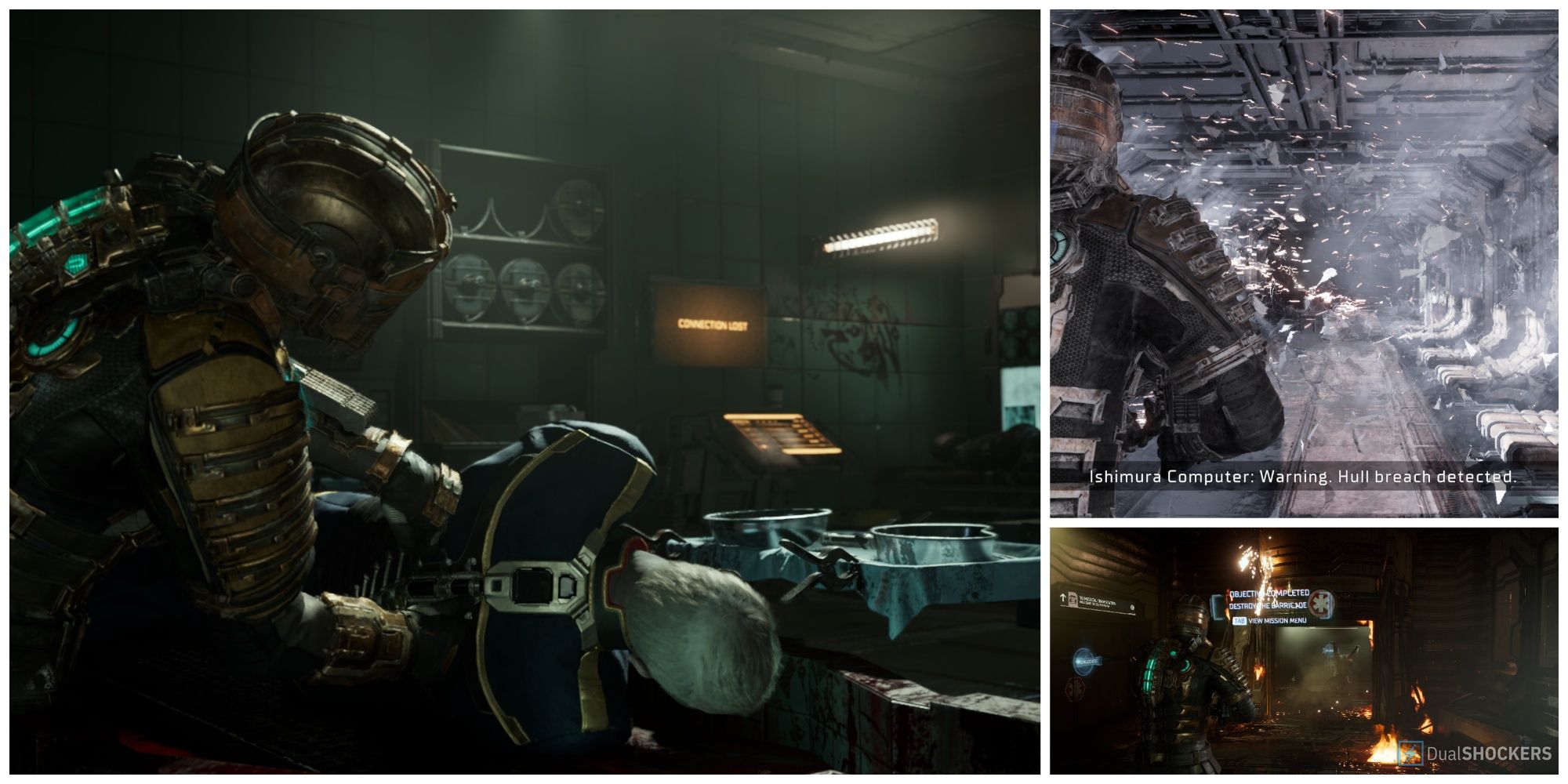 Dead Space Remake Isaac examines Captain's body, Isaac enters zero gravity area, and Isaac passing through doorway