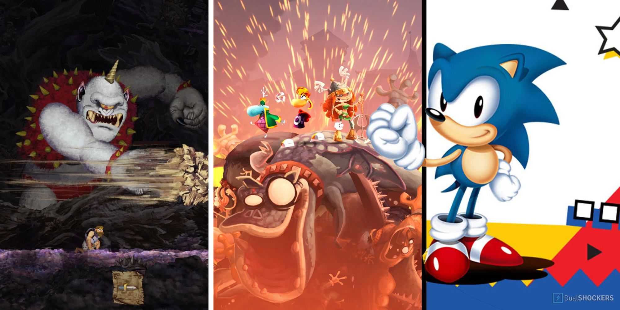 Split image a cyclops attacking Arthur, Rayman standing on a pile of monsters, Sonic smiling with a raised fist