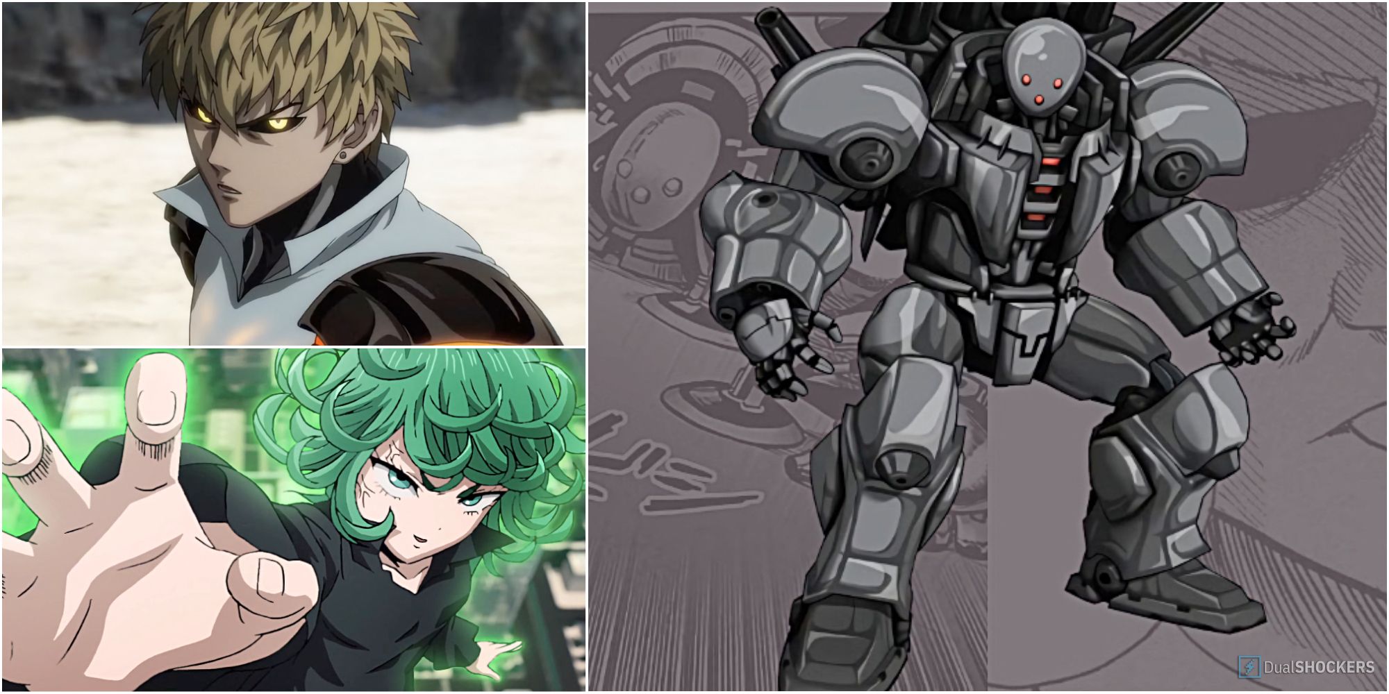 One-Punch Man split image Genos Tornado and Metal Knight in battle