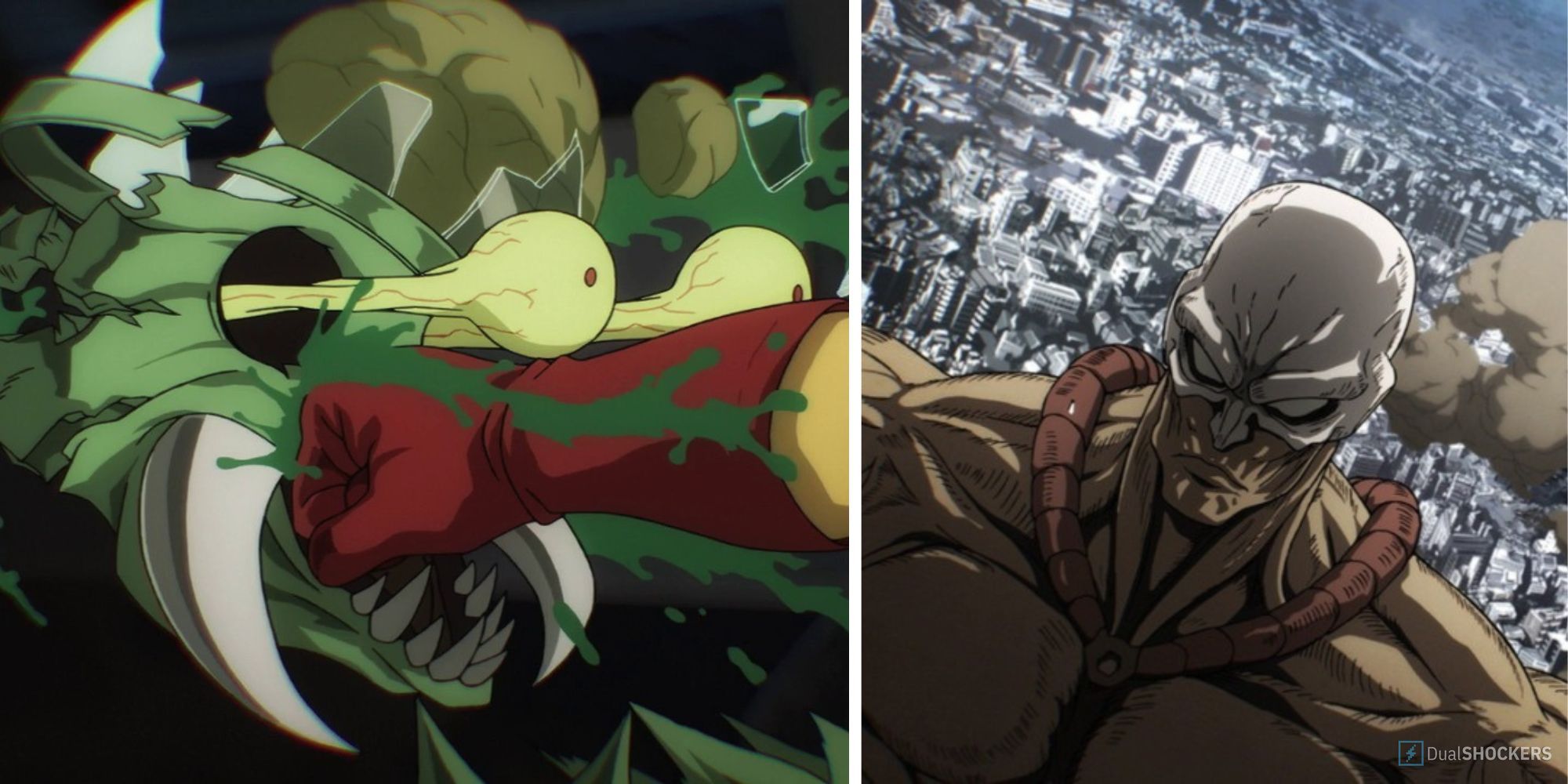 Split image of Mantis Monster Punch and Giant from One Punch Man