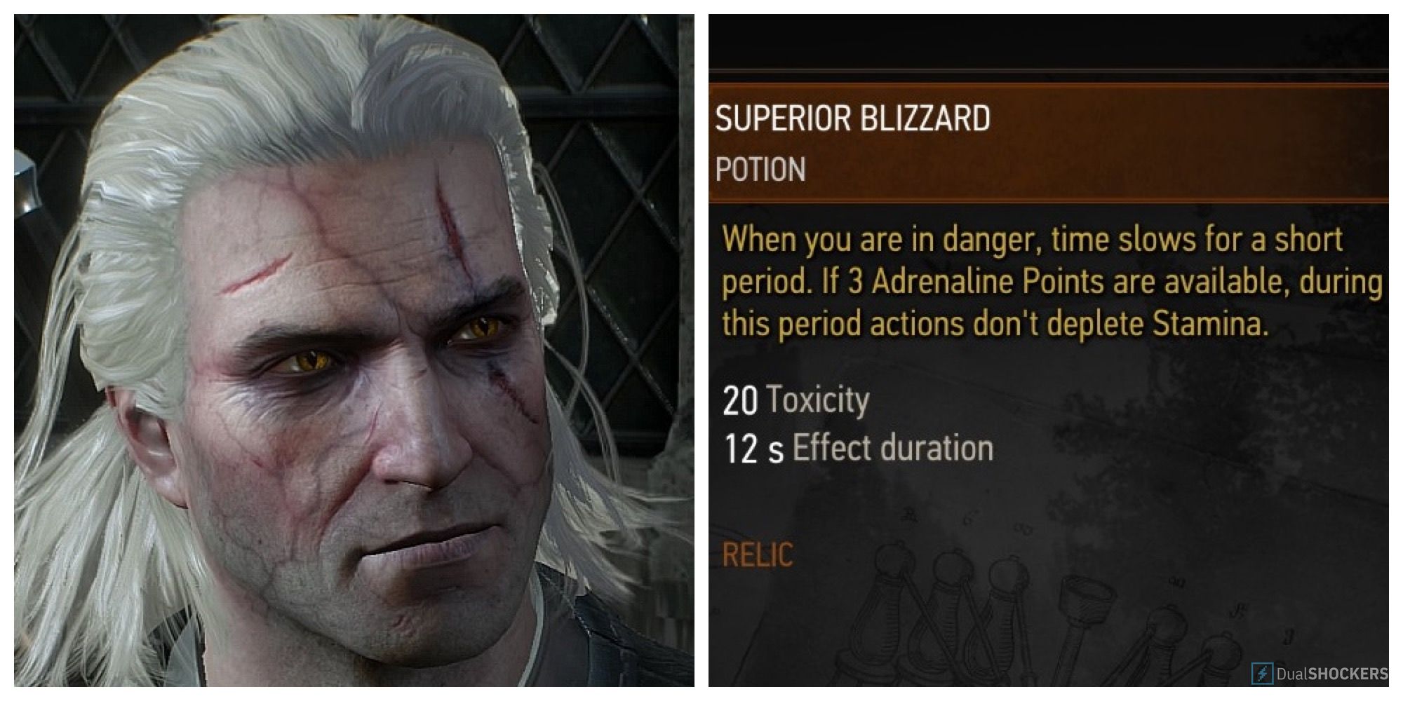 Geralt of Rivia listens to a conversation while suffering Toxicity, description of Superior Blizzard